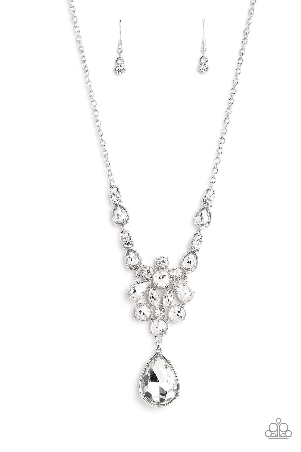 Paparazzi Accessories TWINKLE of an Eye - White Adorned with a dainty silver chain, a twinkling collection of white, reflective teardrops, rhinestones and marquise-cut gems glitter down the chest. Hanging at the bottom of the glittery collection, an overs