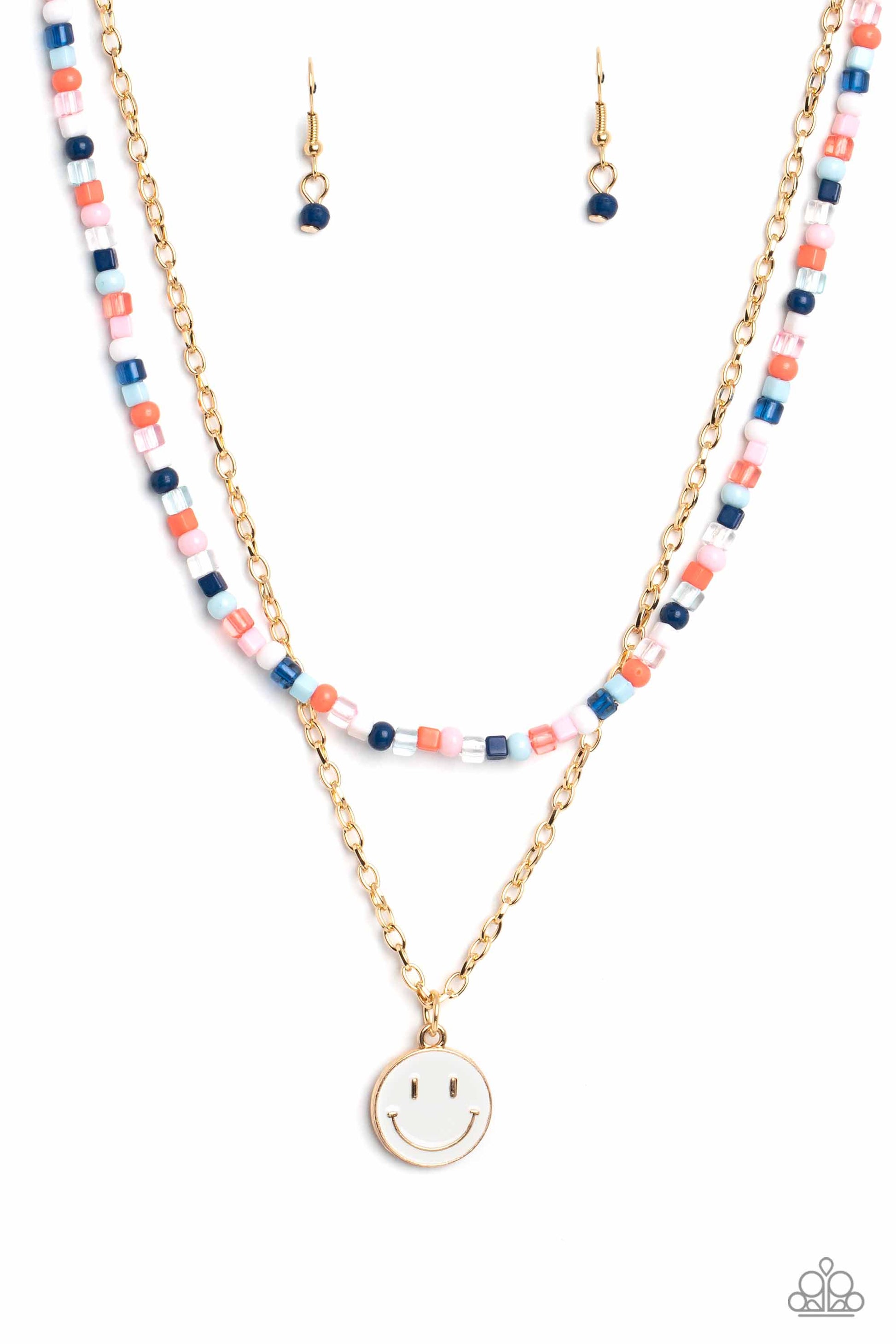 Paparazzi Accessories High School Reunion - Blue Gliding from a dainty, gold chain, a smiley face pendant stands out against a white backdrop. Completing the charismatic ensemble, a collection of seed beads in shades of Spun Sugar, baby pink, navy blue, w