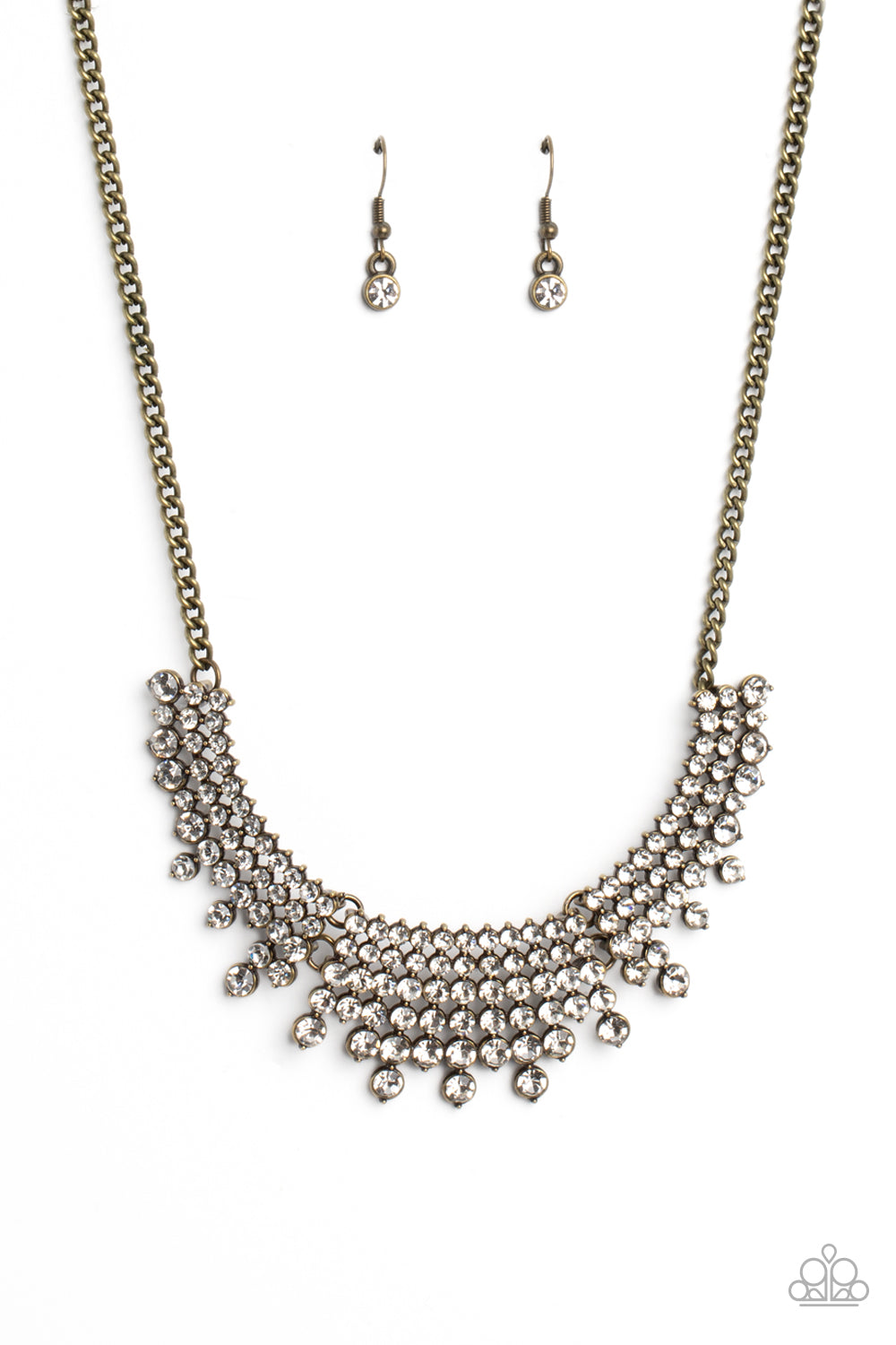 Paparazzi Accessories Shimmering Song - Brass Shimmery strands of white rhinestones in varying sizes majestically morph into brass-framed layers along the collar for a sparkling statement piece. Features an adjustable clasp closure. Sold as one individual