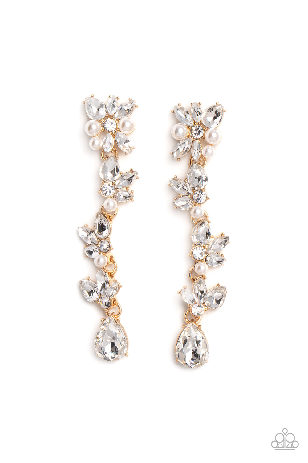 Paparazzi Accessories LIGHT at the Opera - Gold Radiant clusters of white teardrop, round and marquise-cut gems combine with classic white pearls as they extend down the ear in an explosive manner. Hanging from the bottom of the extended gold earring, a w