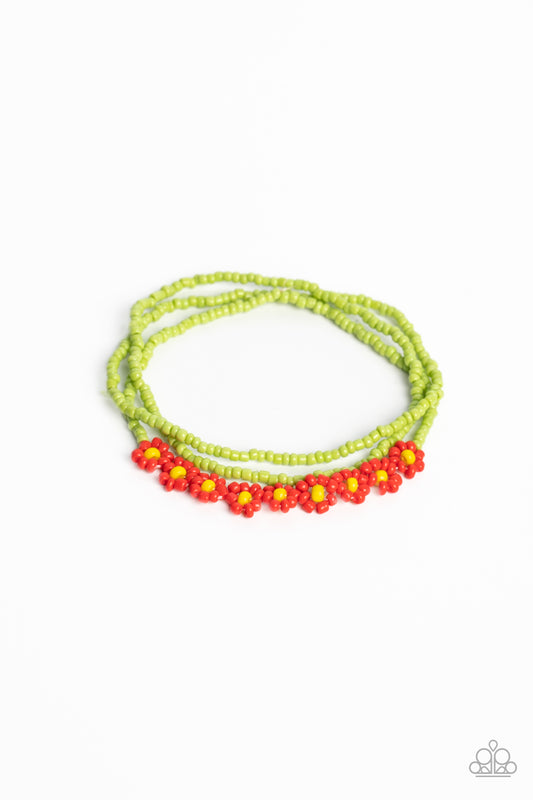 Paparazzi Accessories Buzzworthy Botanicals - Red Strung along the entirety of three elastic stretchy bands, apple green seed beads coalesce around the wrist. Featured on one of the bands of green seed beads, blooming red seed bead flowers, with yellow se