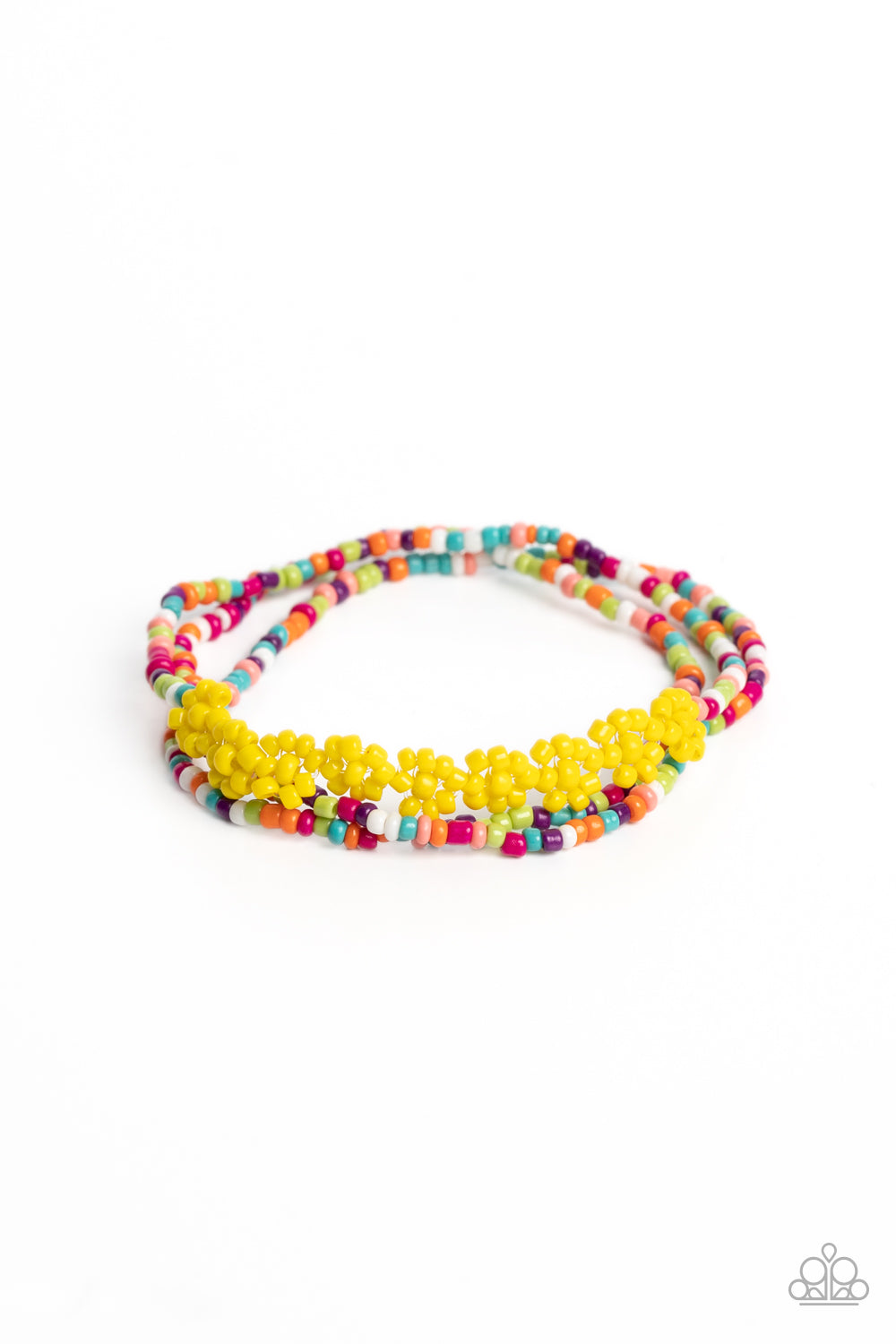 Paparazzi Accessories Buzzworthy Botanicals - Multi Strung along the entirety of three elastic stretchy bands, multicolored seed beads, in shades of pink, purple, blue, orange, white, and green coalesce around the wrist. Featured on one of the multicolore