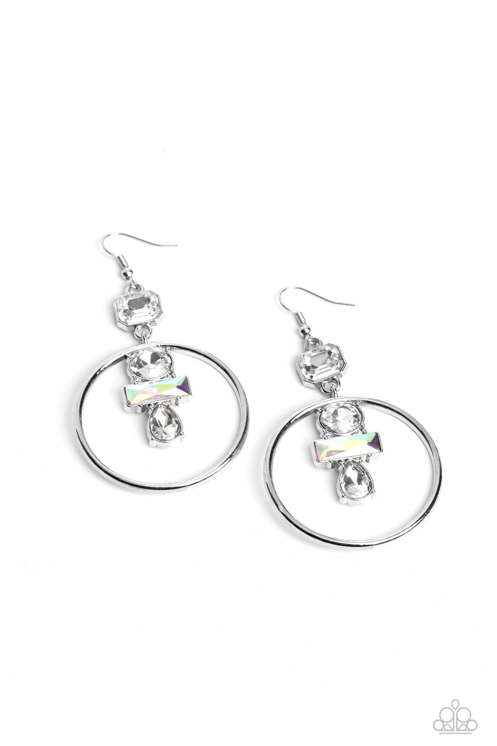 Paparazzi Accessories Geometric Glam - White Dangling from an asscher-cut white gem, a trio of white and iridescent geometric-shaped gems glimmer inside airy silver hoops. Earring attaches to a standard fishhook fitting. Due to its prismatic palette, colo