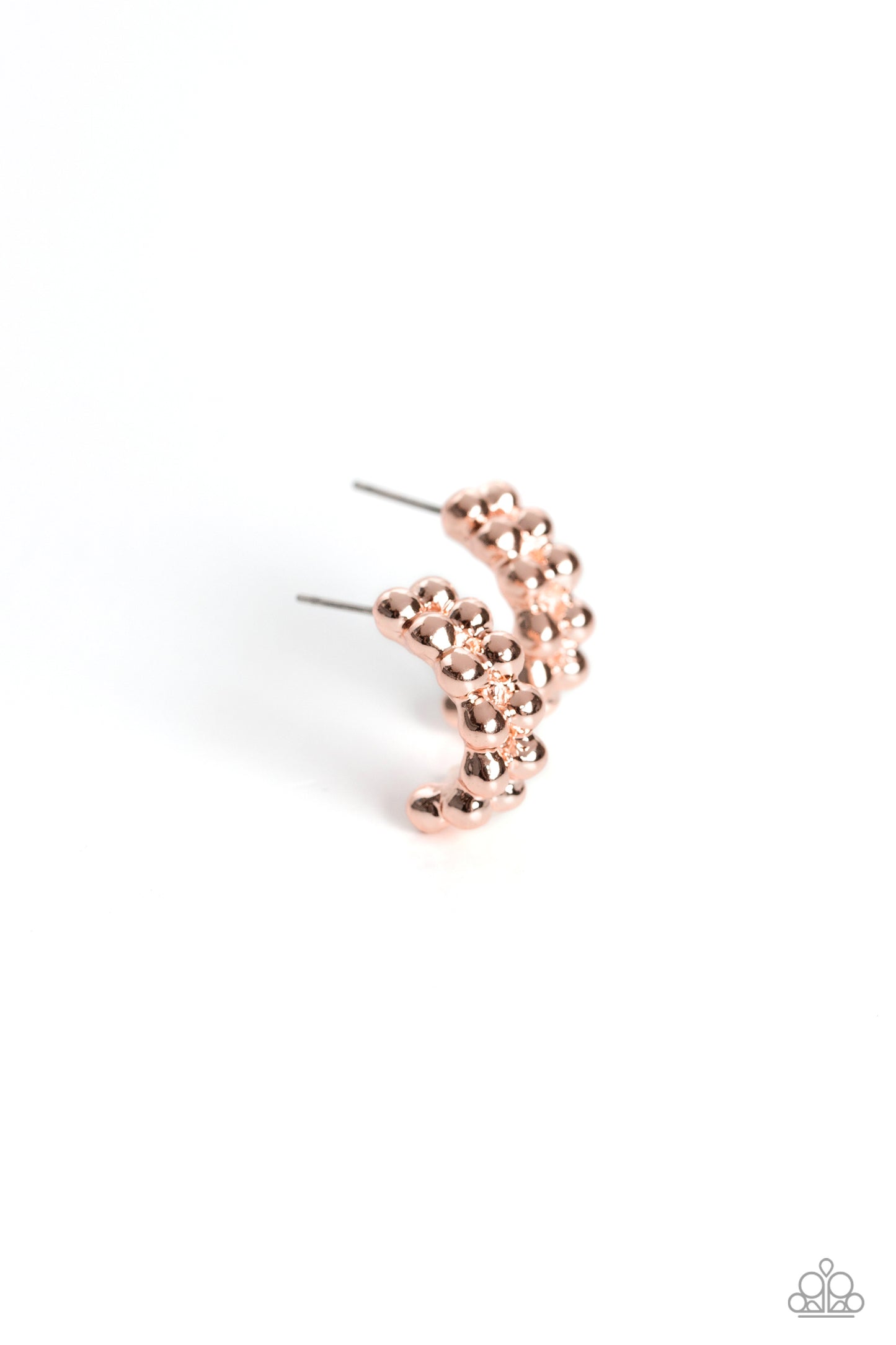 Paparazzi Accessories Bubbling Beauty - Rose Gold Two rows of rose gold stack and form into a scalloped pattern. Daintily curling around the ear, the bubbly effect of the high-sheen metal creates a radiant, monochromatic hoop. Earring attaches to a standa
