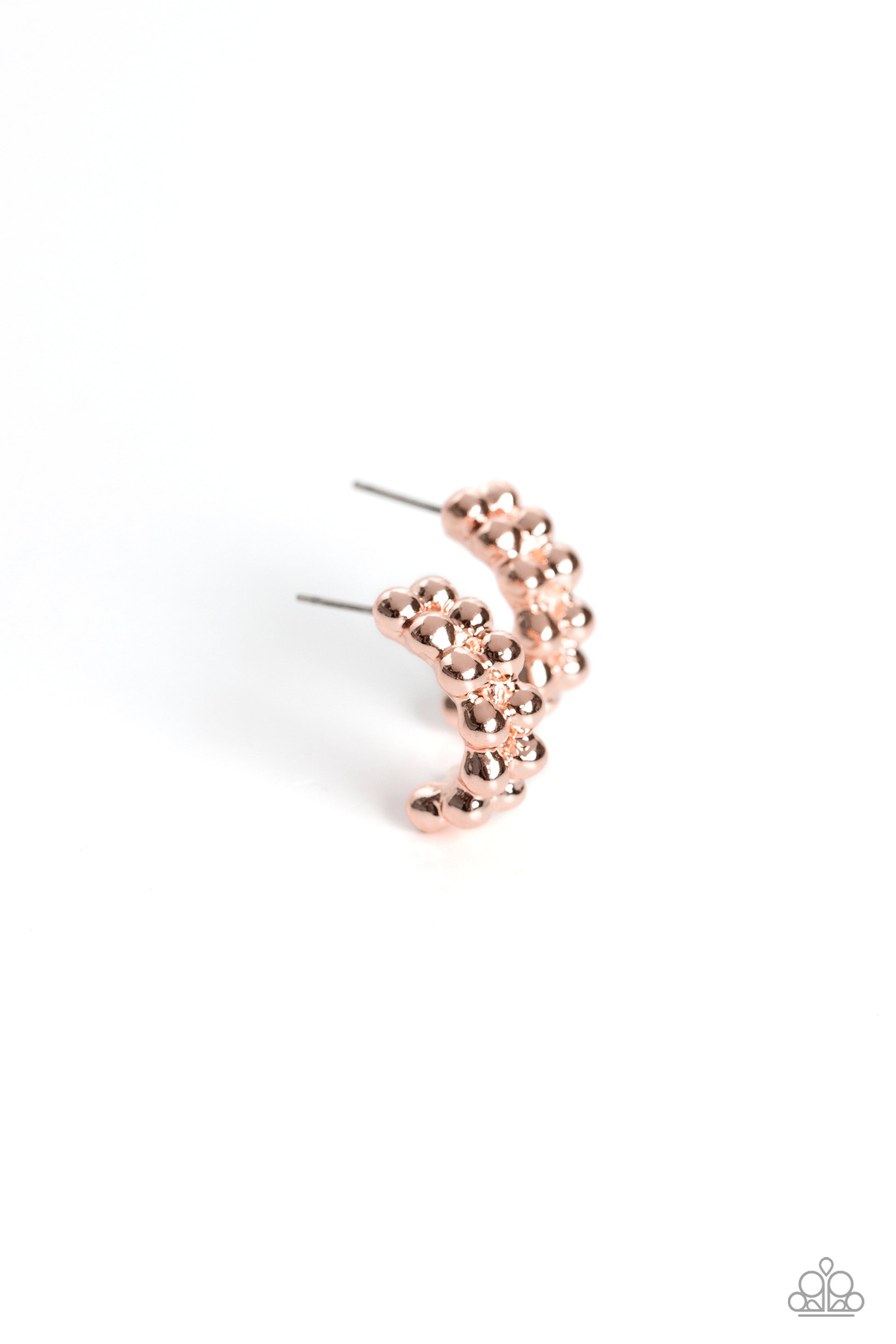 Paparazzi Accessories Bubbling Beauty - Rose Gold Two rows of rose gold stack and form into a scalloped pattern. Daintily curling around the ear, the bubbly effect of the high-sheen metal creates a radiant, monochromatic hoop. Earring attaches to a standa