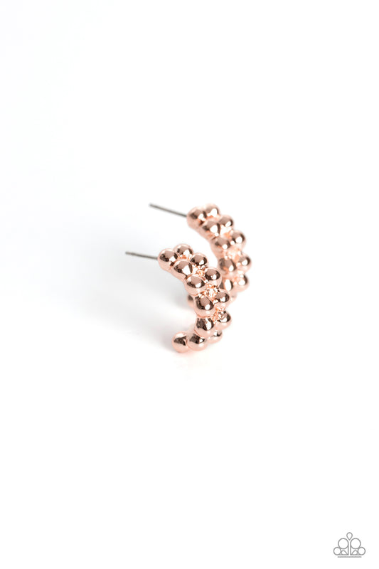 Paparazzi Accessories Bubbling Beauty - Rose Gold Two rows of rose gold stack and form into a scalloped pattern. Daintily curling around the ear, the bubbly effect of the high-sheen metal creates a radiant, monochromatic hoop. Earring attaches to a standa