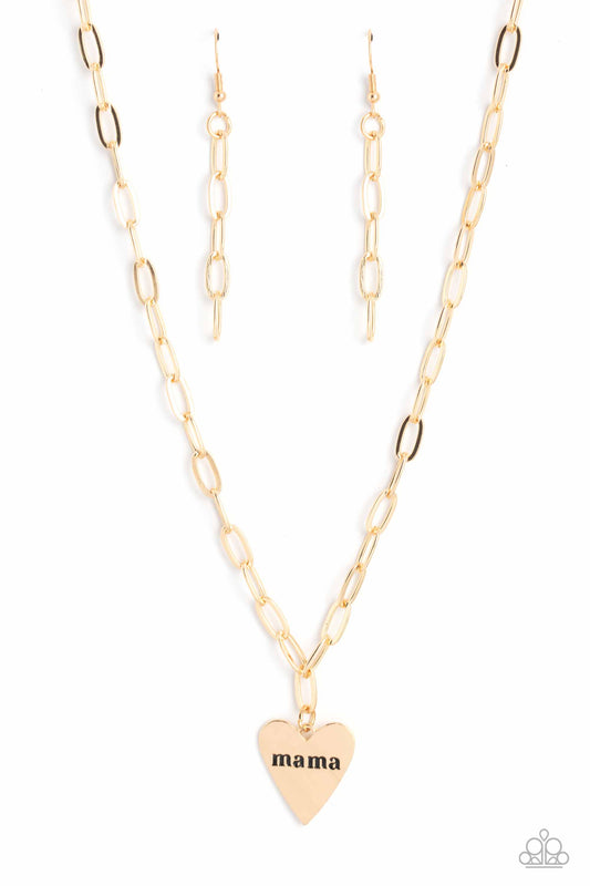 Paparazzi Accessories Mama Cant Buy You Love - Gold High-sheen gold ovals link down the chest drawing attention to the gold heart pendant at its bottom. Stamped with the word "mama" in its center, this monochromatic masterpiece gives off a simplistic, sen