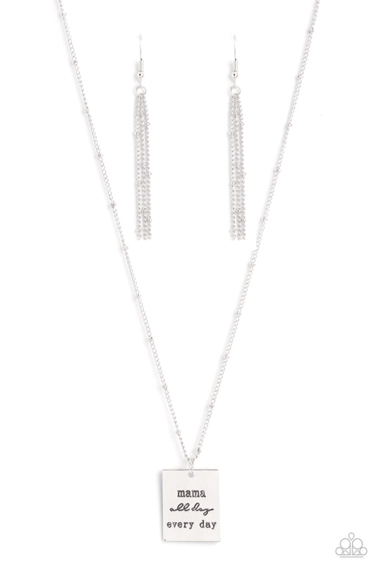 Paparazzi Accessories Mama MVP - Silver Infused with dainty silver studs on a dainty silver chain, a silver rectangular plate is stamped with the phrase "mama all day every day," for a monochromatic, minimalistic tribute. Features an adjustable clasp clos