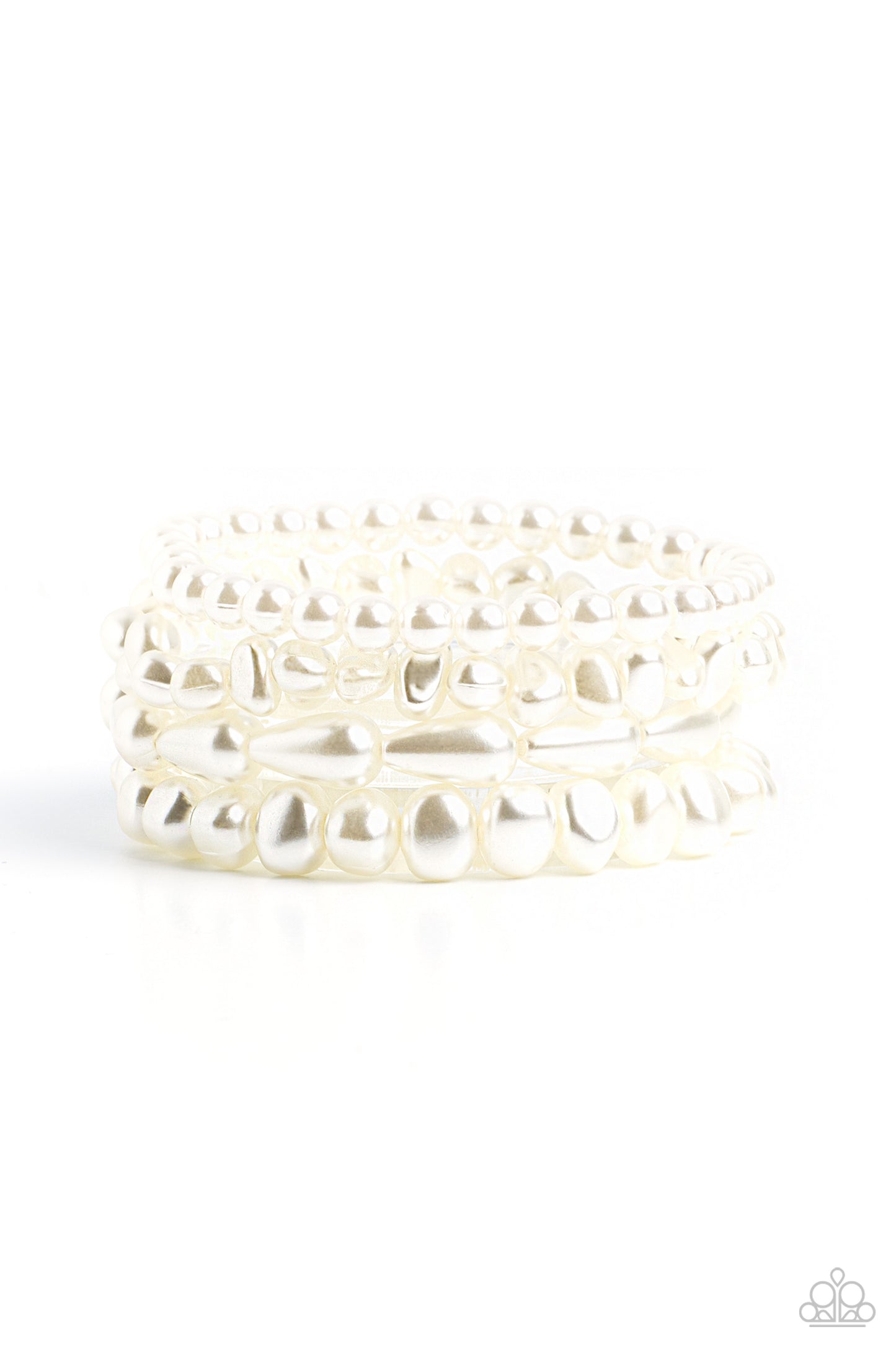 Paparazzi Accessories Gossip PEARL - White An abstract collection of geometric white pearls coalesces around the wrist in four layers on elastic stretchy bands for a fashionably, refined stack. Sold as one individual bracelet. Jewelry