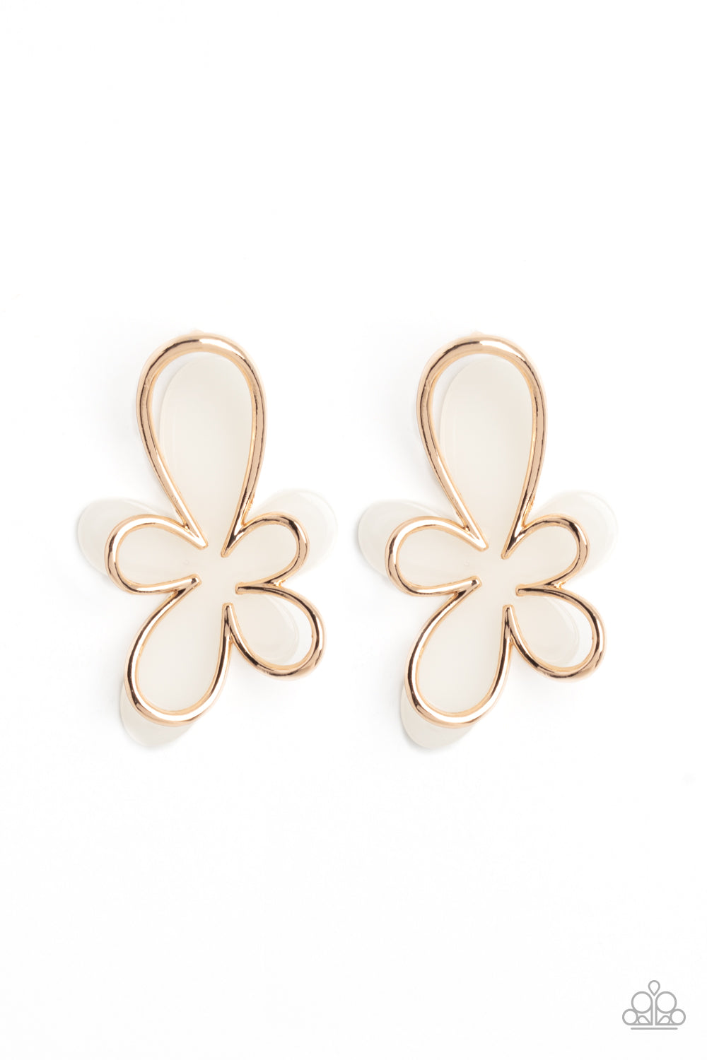 Paparazzi Accessories Glimmering Gardens - Gold Overlapping a white abstract acrylic flower, a gold outline in the same abstract floral shape glimmers atop the pop of color for a three-dimensional fashionable lure. Earring attaches to a standard post fitt