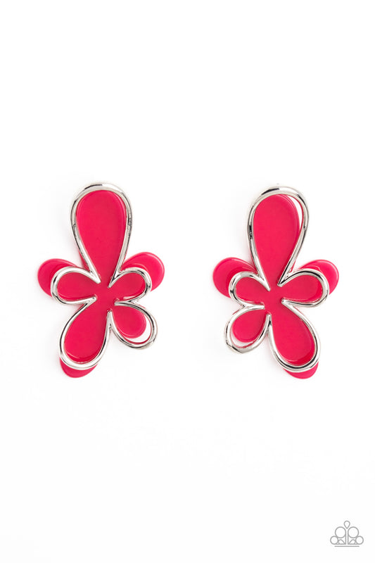 Paparazzi Accessories Glimmering Gardens - Pink Overlapping a hot pink abstract acrylic flower, a silver outline in the same abstract floral shape glimmers atop the pop of color for a three-dimensional fashionable lure. Earring attaches to a standard post