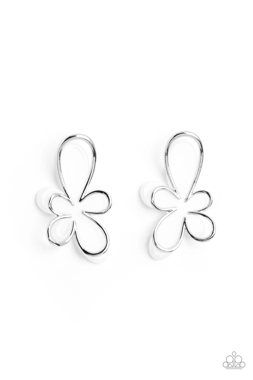 Paparazzi Accessories Glimmering Gardens - White Overlapping a white abstract acrylic flower, a silver outline in the same abstract floral shape glimmers atop the pop of color for a three-dimensional fashionable lure. Earring attaches to a standard post f