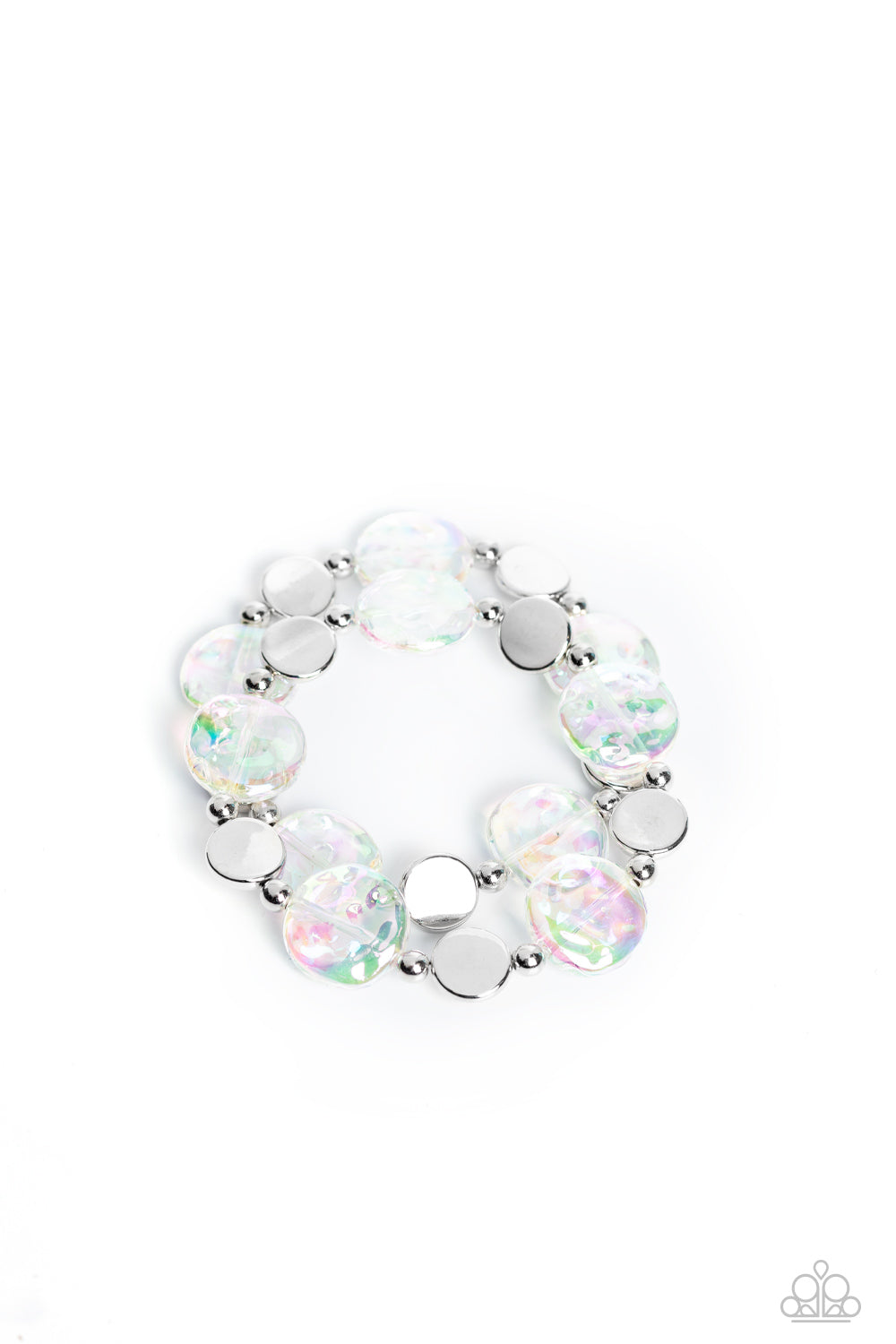 Paparazzi Accessories Discus Throw - White Shiny silver discs, studs, and asymmetrical clear discs featuring an iridescent shimmer coalesce around the wrist on elastic stretchy bands for an attention-grabbing shimmer. Due to its prismatic palette, color m