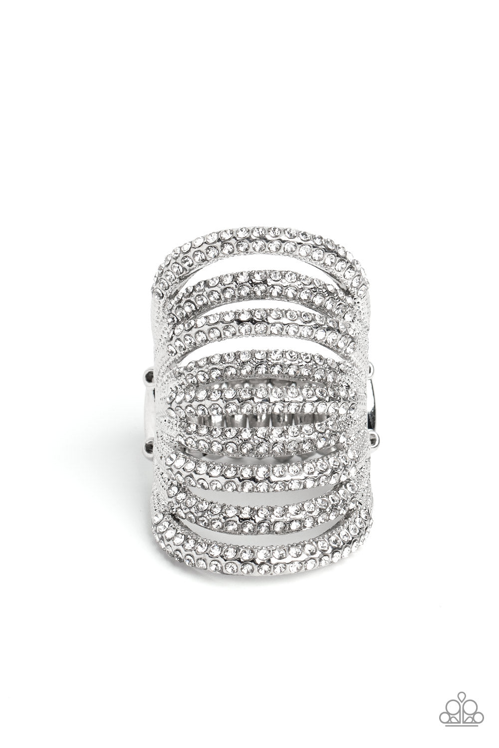 Paparazzi Accessories Rippling Rarity - White An elongated silver frame, lined with dainty white rhinestones, creates the illusion of endless sparkle as it stacks up the finger. Encrusted in two rows across each silver band as it arcs across the finger, t