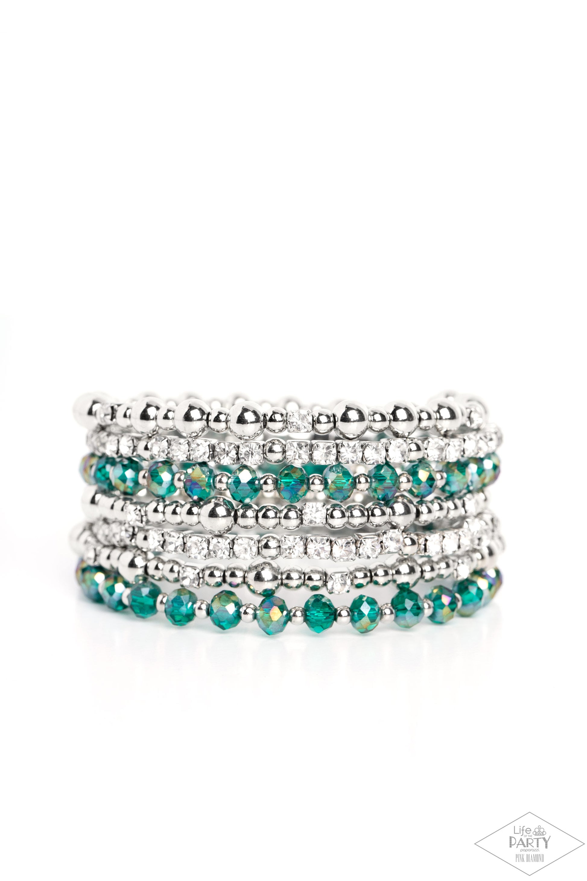 Paparazzi Accessories ICE Knowing You - Multi An icy collection of silver beads, cubes, opaque green crystals with an iridescent shimmer, and glassy white rhinestones are threaded along a coiled wire, creating a blinding infinity wrap style bracelet aroun