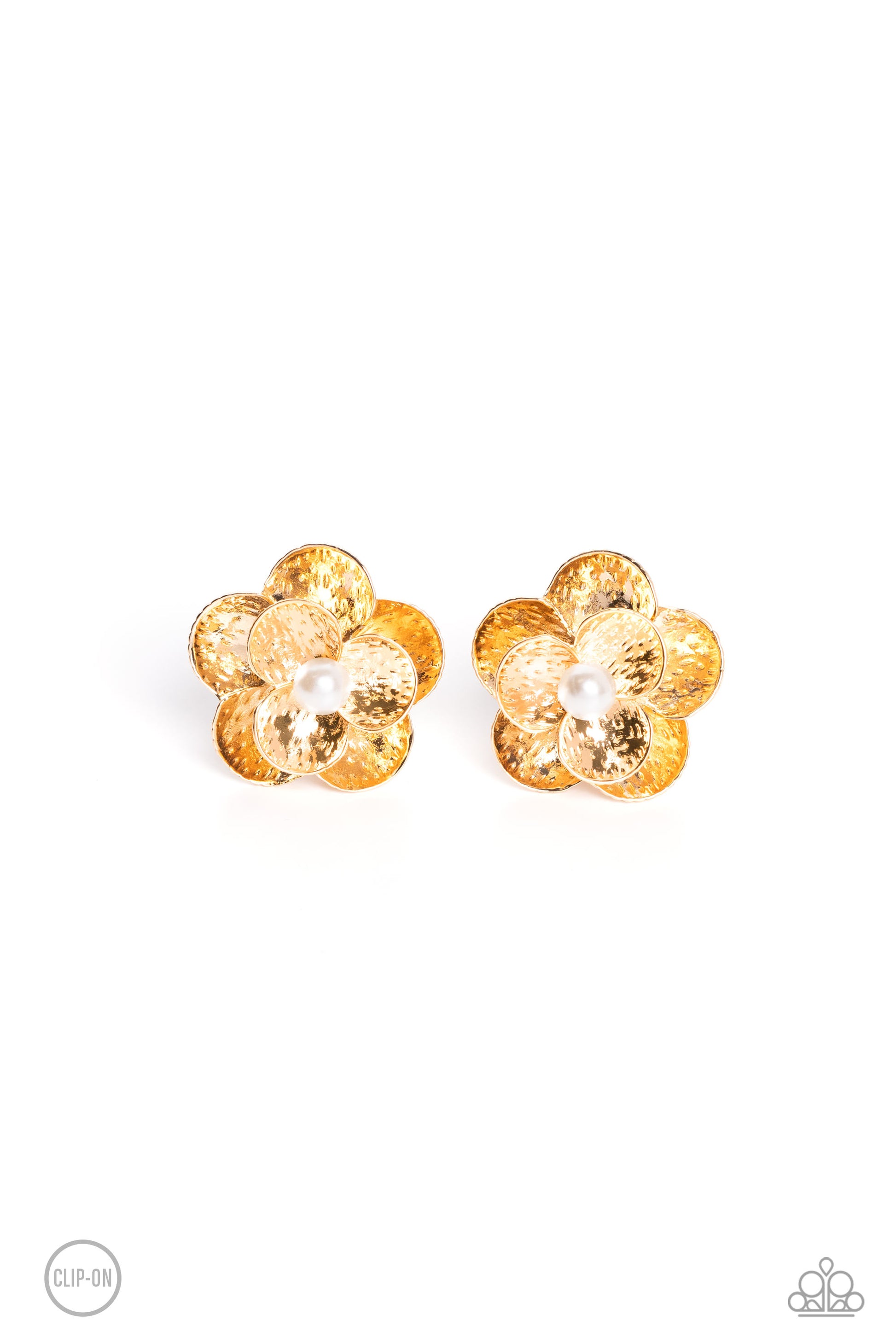 Paparazzi Accessories Miami Magic - Gold Flaring out from a white pearl center, gold flowers, featuring studded petals, grace the ear. An oversized gold flower, featuring the same studded design as the smaller flower, creates the 3D design and draws addit