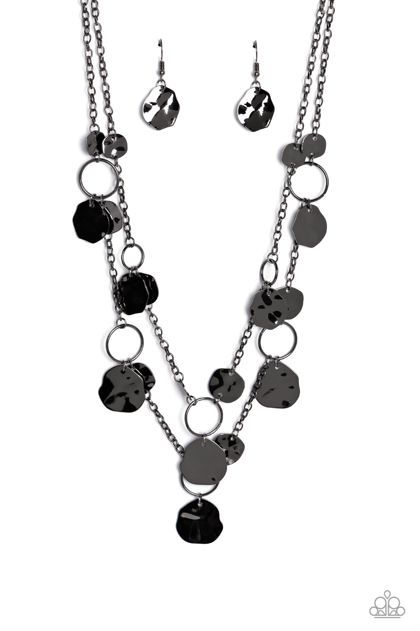 Paparazzi Accessories Hammered Horizons - Black Infused along a double-stranded gunmetal chain, smooth gunmetal hoops and abstract, hammered gunmetal discs fall down the neckline for an edgy, boisterous display. Features an adjustable clasp closure. Sold