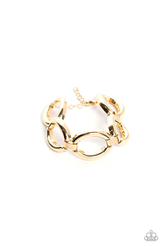 Paparazzi Accessories Constructed Chic - Gold Abstract gold ovals, linked together by moveable gold clasps, link around the wrist for a high-sheen, industrial finish. Features an adjustable clasp closure. Sold as one individual bracelet. Jewelry