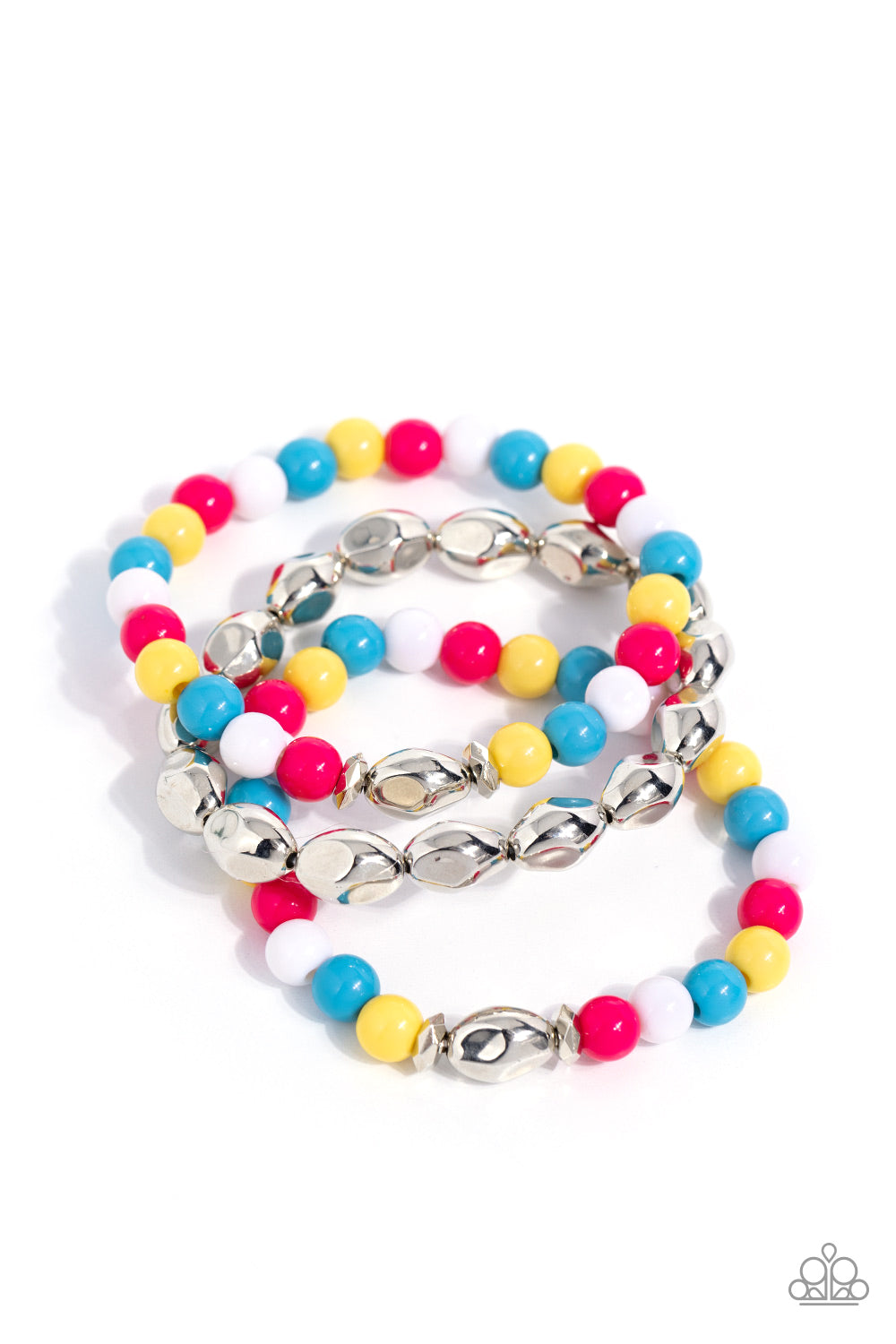 Paparazzi Accessories The Candy Man Can - Multi Vibrant Pink Peacock, white, blue, and Primrose beads mix with warped, silver rhombus beads to create a colorfully geometric statement around the wrist. Strung on elastic stretchy bands around the wrist, sil