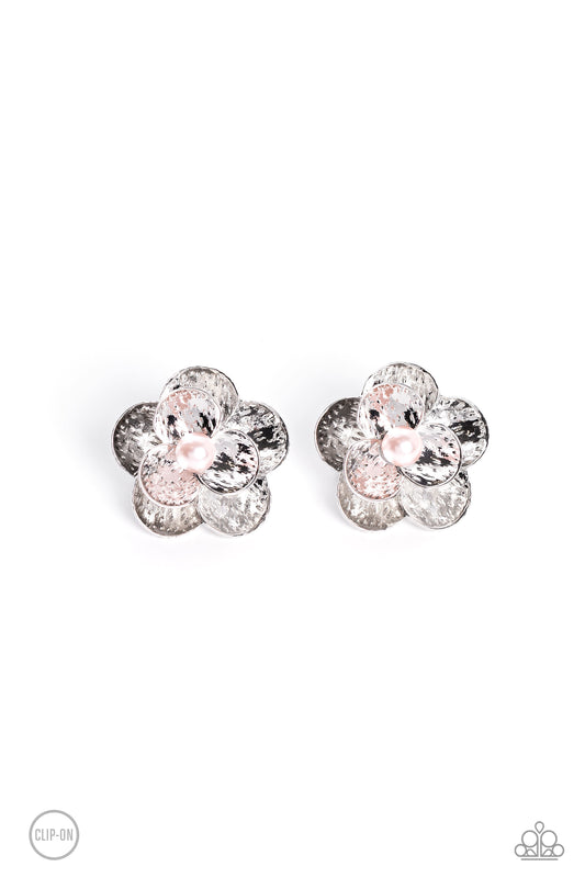 Paparazzi Accessories Miami Magic - Pink Flaring out from a baby pink pearl center, silver flowers, featuring studded petals, grace the ear. An oversized silver flower, featuring the same studded design as the smaller flower, creates the 3D design and dra