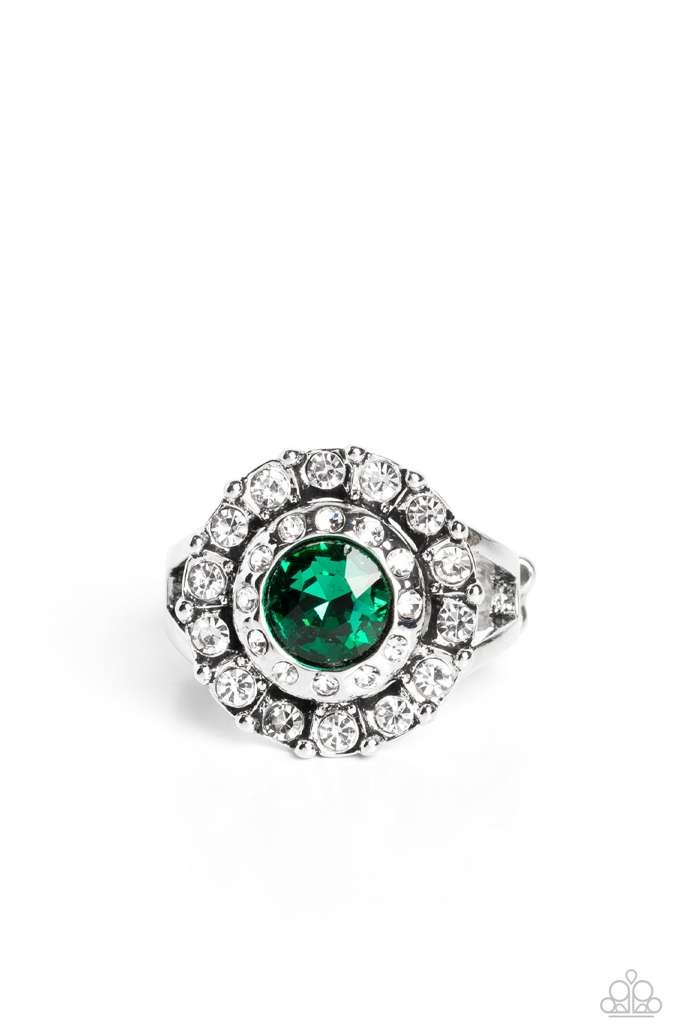 Paparazzi Accessories Twinkling Trance - Green A brilliant green gem is bordered by two radiating halos of sparkling rhinestones and tiny silver studs and then set atop a pair of silver bands that arc across the finger in a dazzling finish. Features a str