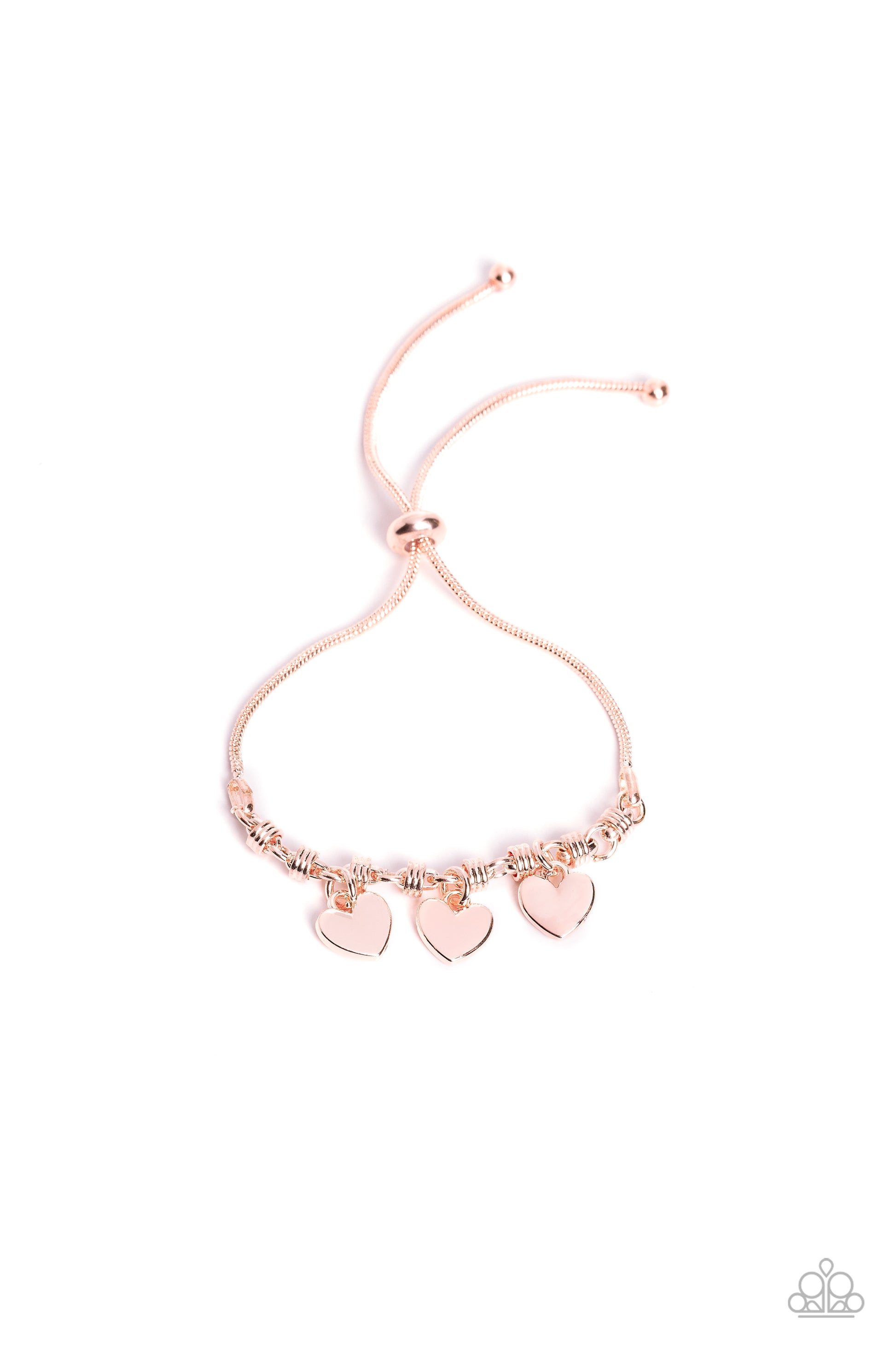 Paparazzi Accessories Romance Tale - Rose Gold Dangling from a rose gold snake chain, a trio of rose gold hearts link across the wrist for a dash of swoon-worthy sheen. Infused along the heart chain, rose gold spiral-like accents add additional texture to