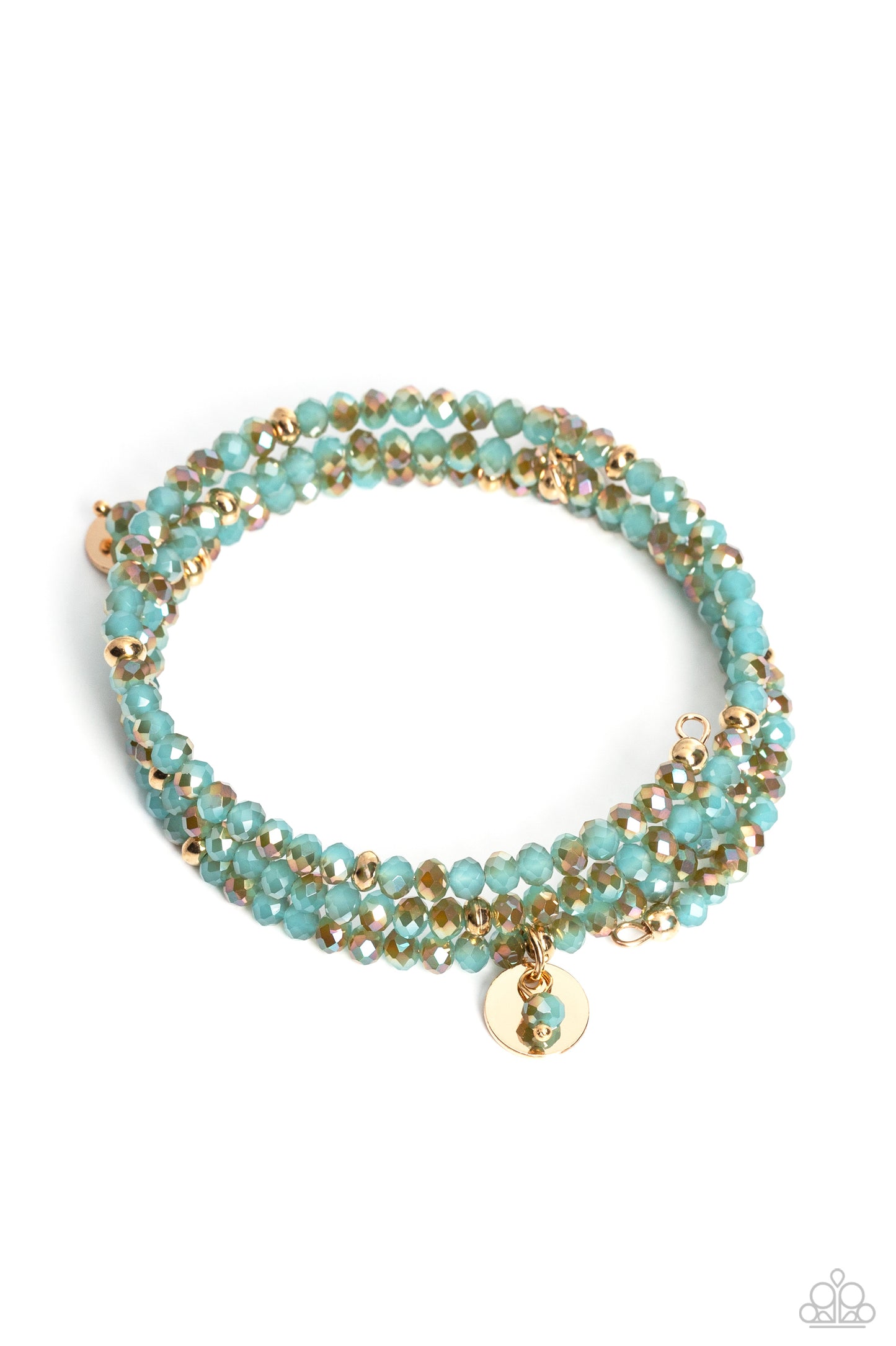 Paparazzi Accessories Illusive Infinity - Blue A dazzling collection of blue beads brushed with a golden undertone, gold studs, and gold discs are threaded along a coiled wire, creating a blinding infinity wrap style bracelet around the wrist. Sold as one
