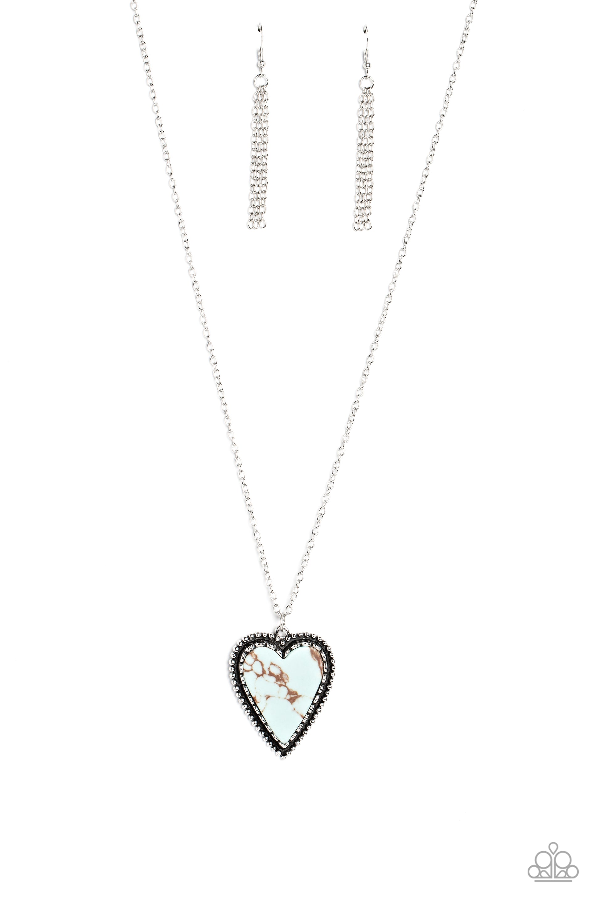 Paparazzi Accessories Stony Summer - Blue Pressed in the center of a silver chain and studded frame, an oversized, blue marbled stone heart pendant rustically falls down the chest from a classic silver chain. Features an adjustable clasp closure. As the s