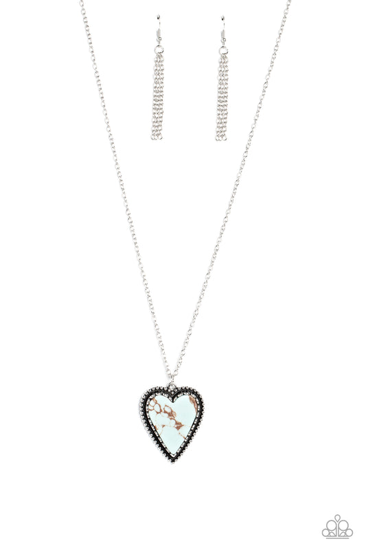 Paparazzi Accessories Stony Summer - Blue Pressed in the center of a silver chain and studded frame, an oversized, blue marbled stone heart pendant rustically falls down the chest from a classic silver chain. Features an adjustable clasp closure. As the s