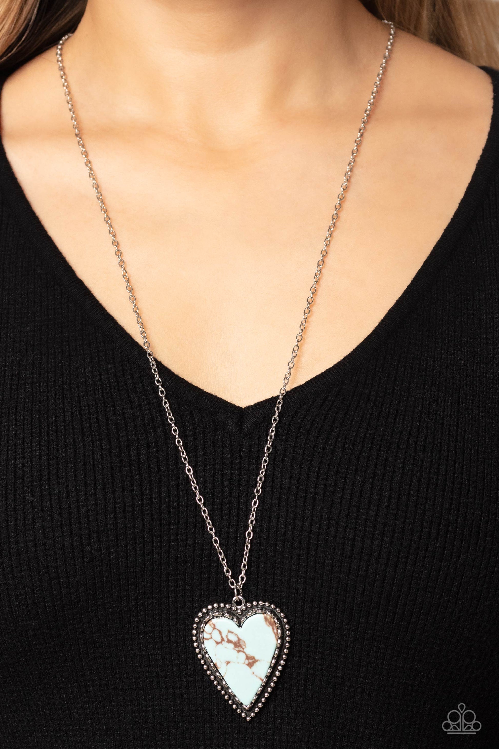 Paparazzi Accessories Stony Summer - Blue Pressed in the center of a silver chain and studded frame, an oversized, blue marbled stone heart pendant rustically falls down the chest from a classic silver chain. Features an adjustable clasp closure. As the s