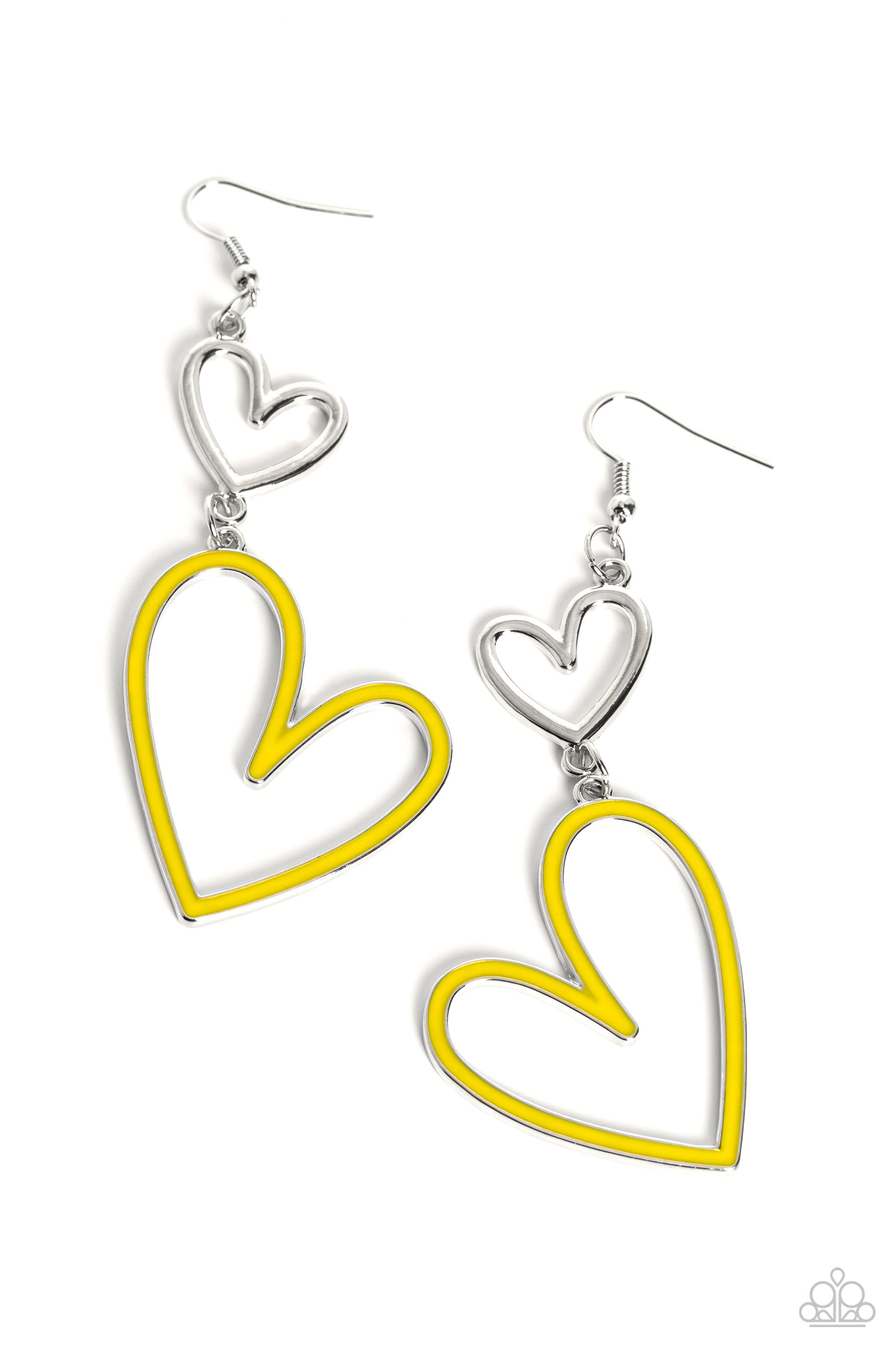 Paparazzi Accessories Pristine Pizzazz - Yellow Dangling from an abstract silver heart frame, another heart frame, this time an oversized one, features a border of Primrose paint, creating an attention-grabbing romantic statement below the ear. Earring at