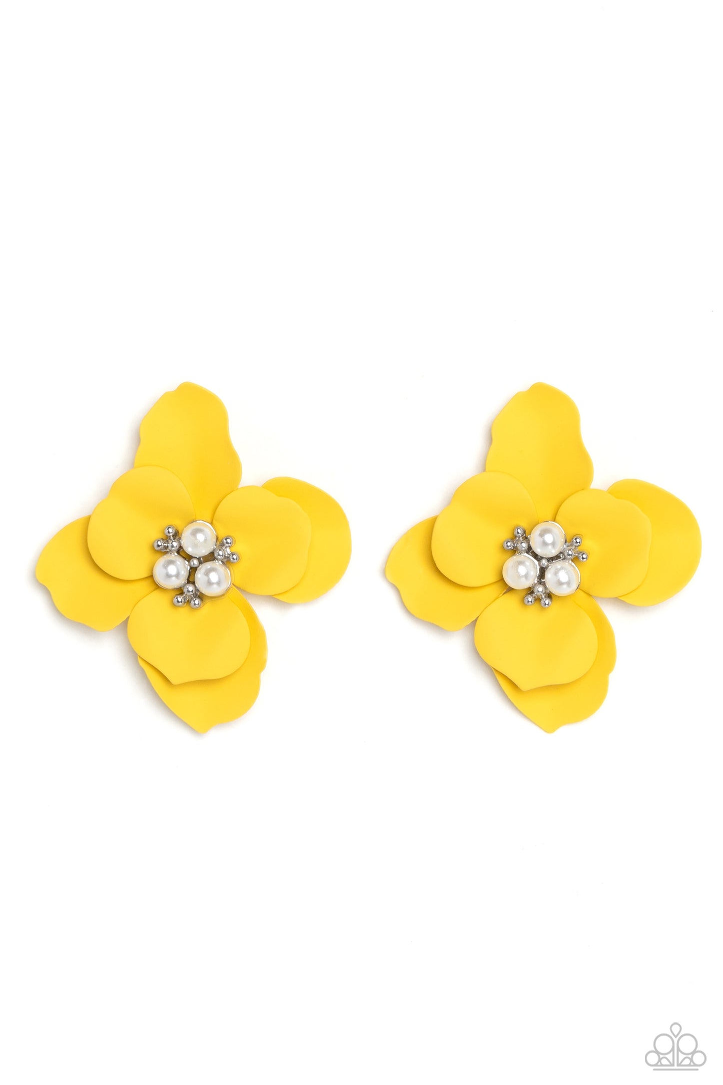 Paparazzi Accessories Jovial Jasmine - Yellow Blooming from a dainty white pearl and studded center, yellow petals flare out around the ear in a delicate, airy manner for a feminine finish. Earring attaches to a standard post fitting. Sold as one pair of