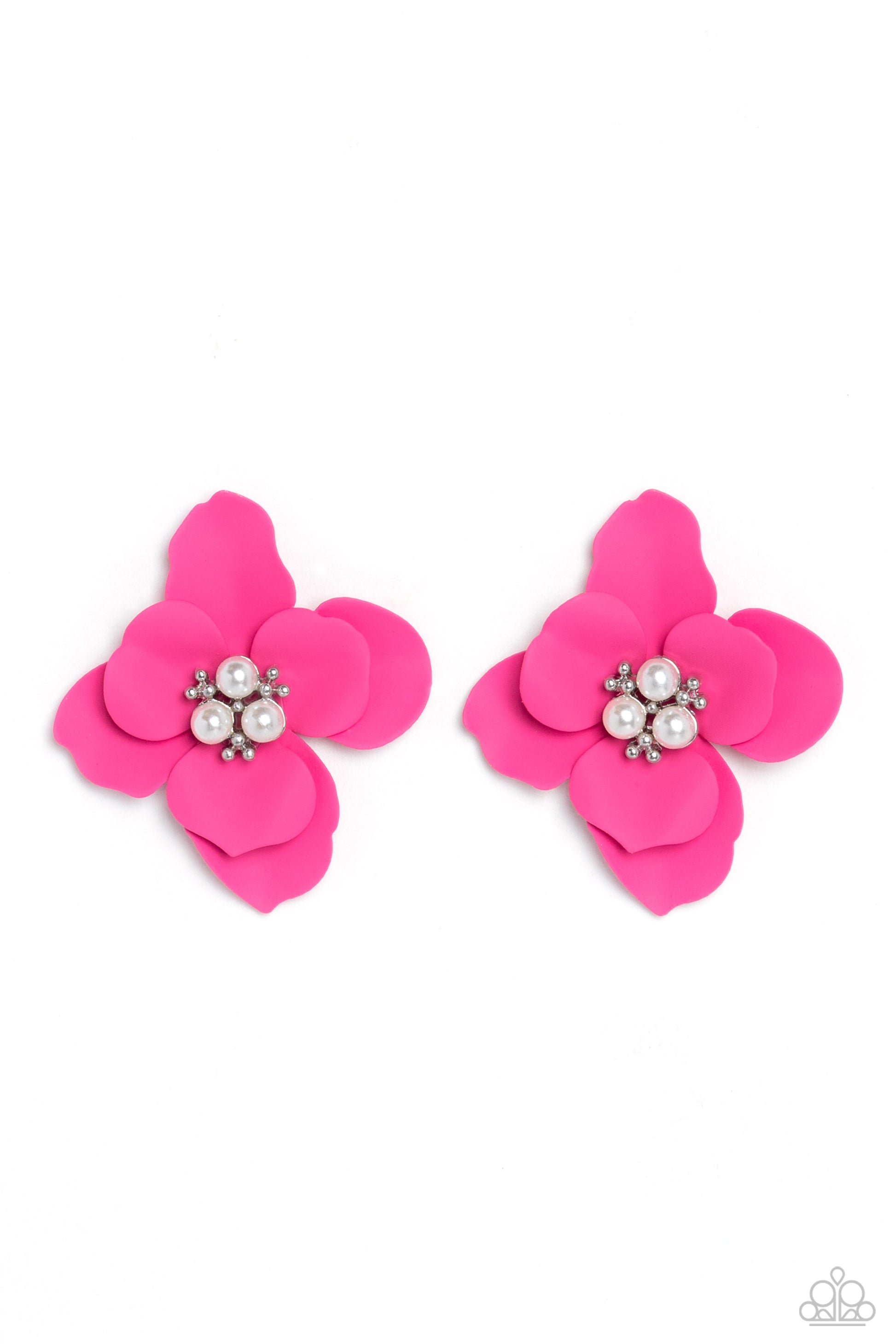 Paparazzi Accessories Jovial Jasmine - Pink Blooming from a dainty white pearl and studded center, hot pink petals flare out around the ear in a delicate, airy manner for a feminine finish. Earring attaches to a standard post fitting. Sold as one pair of
