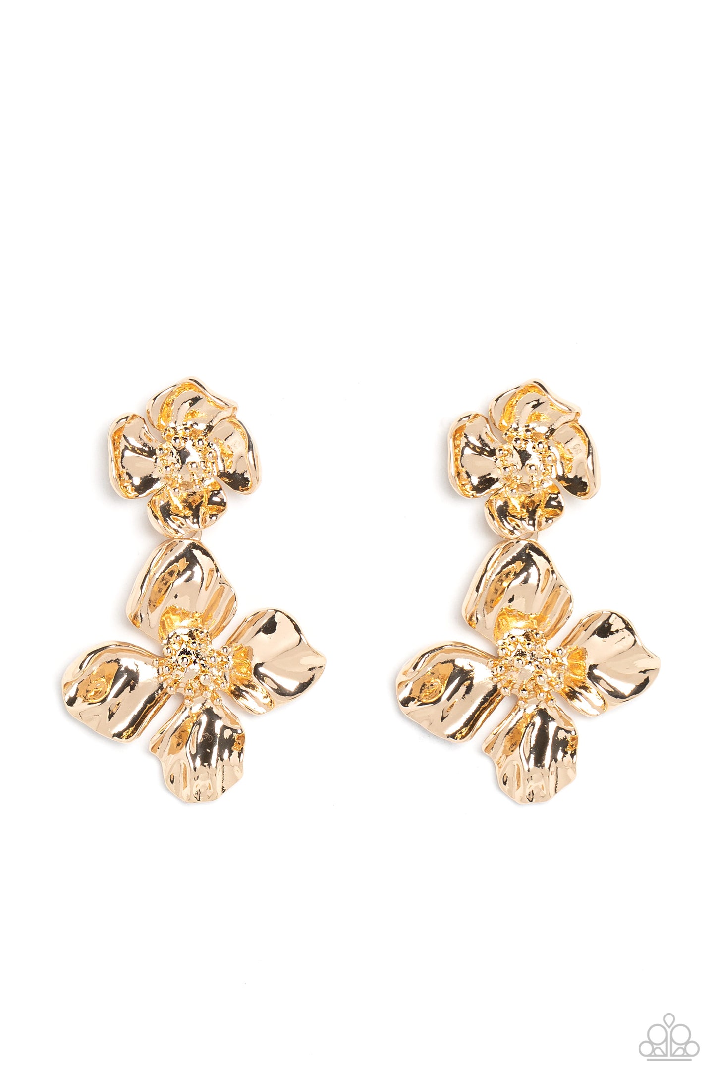 Paparazzi Accessories Gilded Grace - Gold Featuring a warped metallic texture, an oversized gold flower hangs from a smaller gold flower for a whimsical finish. Dainty gold studs coalesce the centers of each flower, adding tactile detail to the floral des