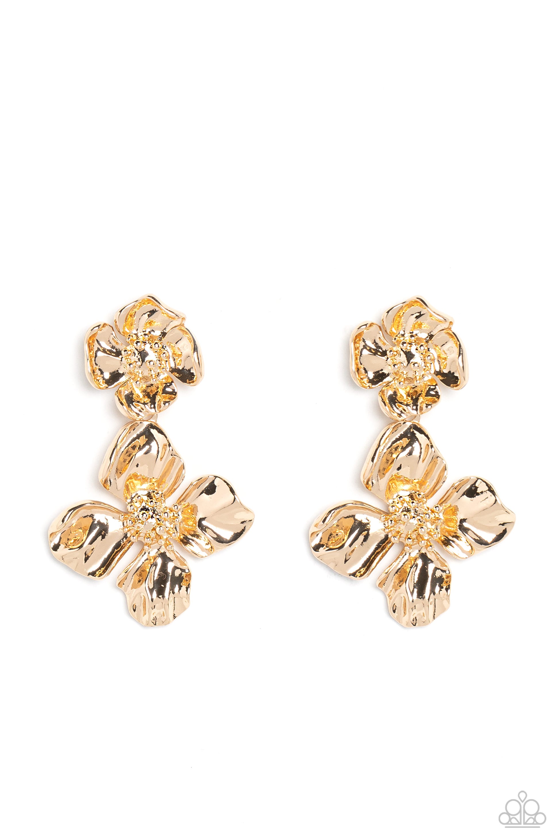Paparazzi Accessories Gilded Grace - Gold Featuring a warped metallic texture, an oversized gold flower hangs from a smaller gold flower for a whimsical finish. Dainty gold studs coalesce the centers of each flower, adding tactile detail to the floral des