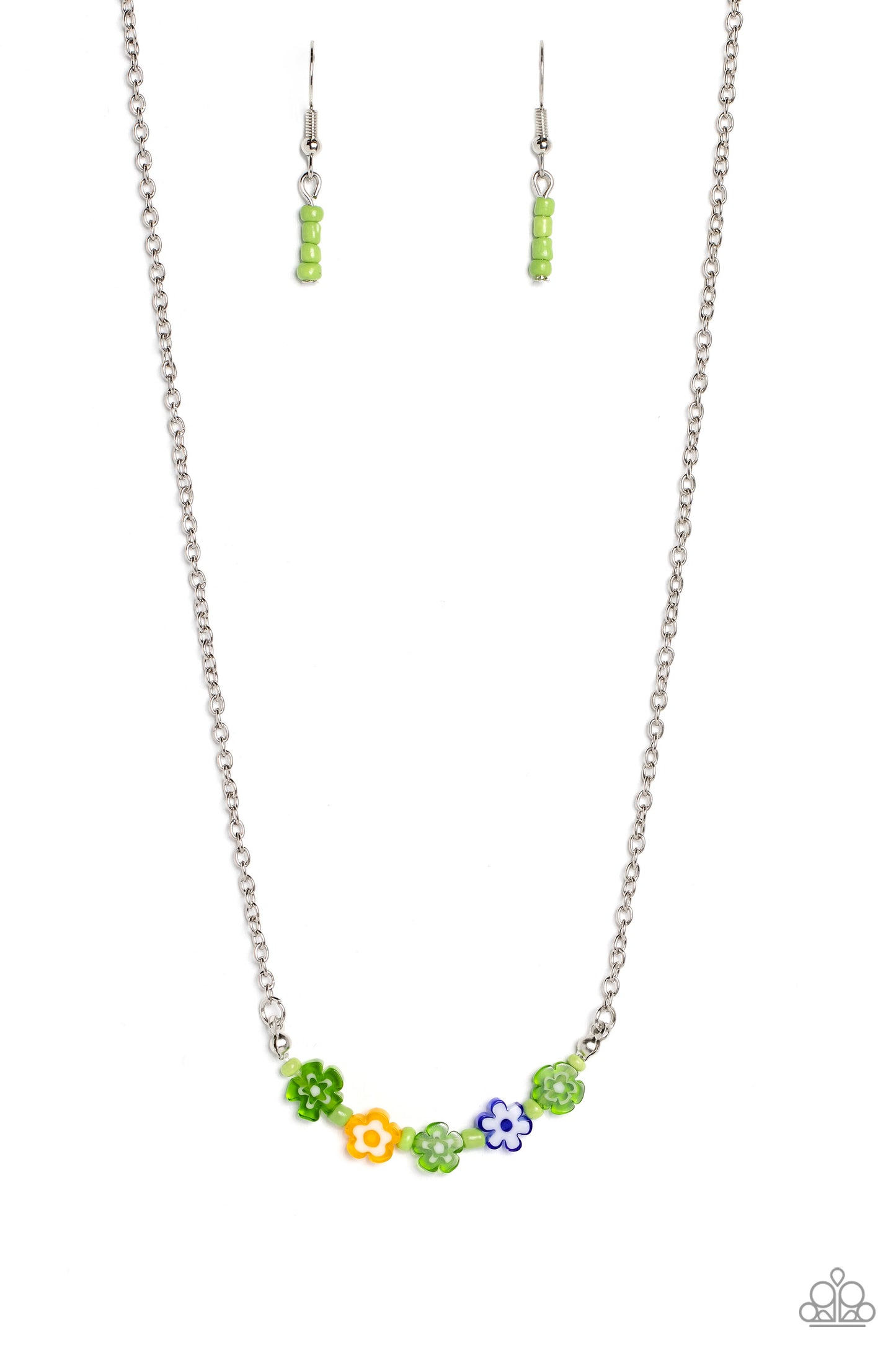 Paparazzi Accessories BOUQUET We Go - Green Infused at the bottom of a dainty silver chain, a row of flower beads in shades of green, yellow, and blue rest below the neckline. Separating each floral bead, green seed beads create additional pops of color a