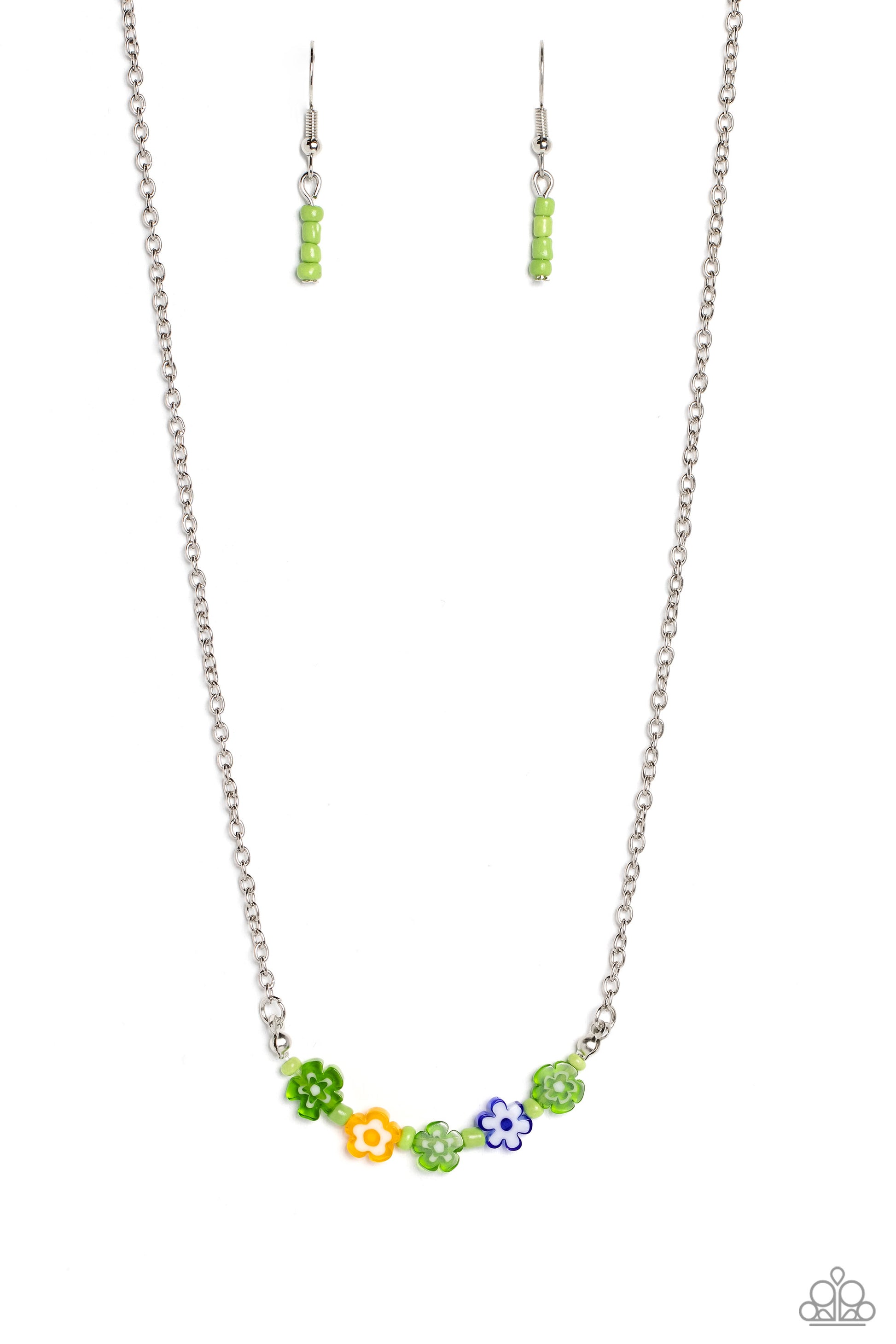 Paparazzi Accessories BOUQUET We Go - Green Infused at the bottom of a dainty silver chain, a row of flower beads in shades of green, yellow, and blue rest below the neckline. Separating each floral bead, green seed beads create additional pops of color a
