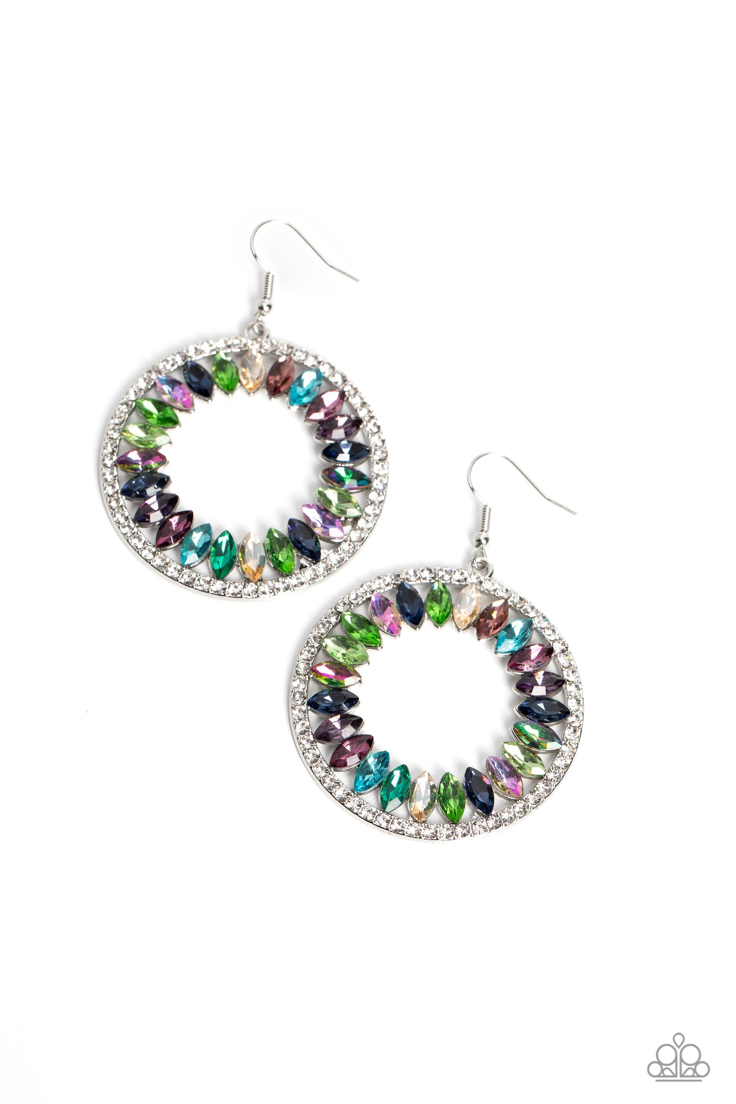 Paparazzi Accessories Wall Street Wreaths - Multi Encircled in a radiant white rhinestone border, marquise-cut gems in various multicolored hues spin around the inner circumference of a silver hoop, coalescing into a refined shimmer below the ear. Earring