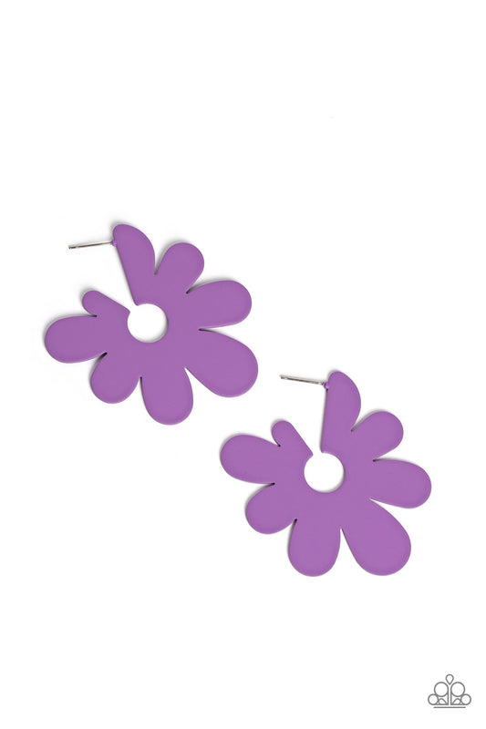 Paparazzi Accessories Flower Power Fantasy - Purple Asymmetrical, oversized purple petals bloom into an abstract flower hoop for a fashionable, attention-grabbing pop of color around the ear. Earring attaches to a standard post fitting. Hoop measures appr