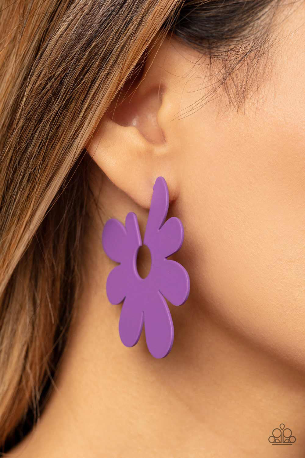 Paparazzi Accessories Flower Power Fantasy - Purple Asymmetrical, oversized purple petals bloom into an abstract flower hoop for a fashionable, attention-grabbing pop of color around the ear. Earring attaches to a standard post fitting. Hoop measures appr