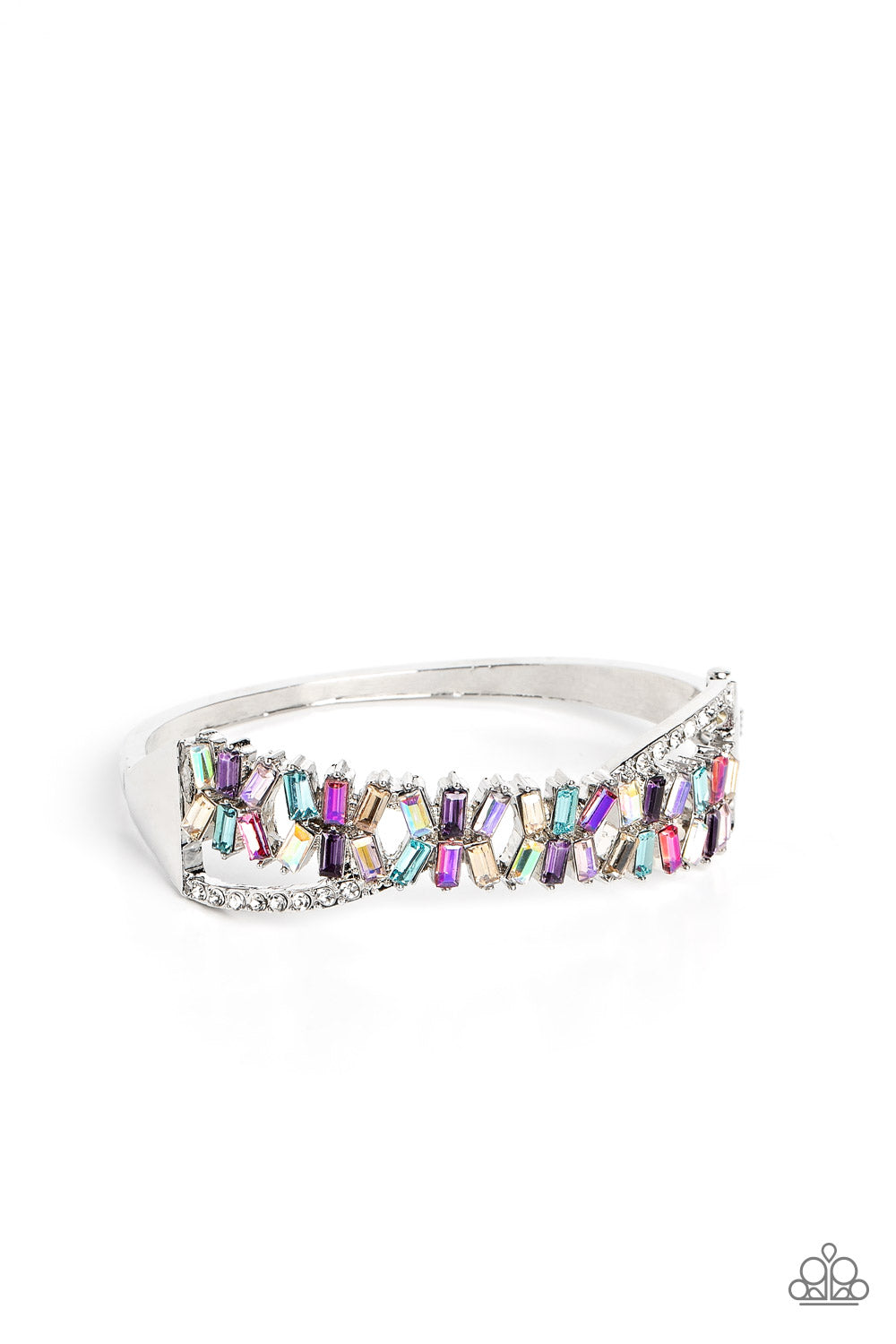 Paparazzi Accessories Timeless Trifecta - Multi Modeled after the infinity symbol curves, a row of dainty white rhinestones playfully interacts with emerald-cut gems splashed in shades of amethyst, light blue, pink, smoked topaz, and iridescence. Set in c