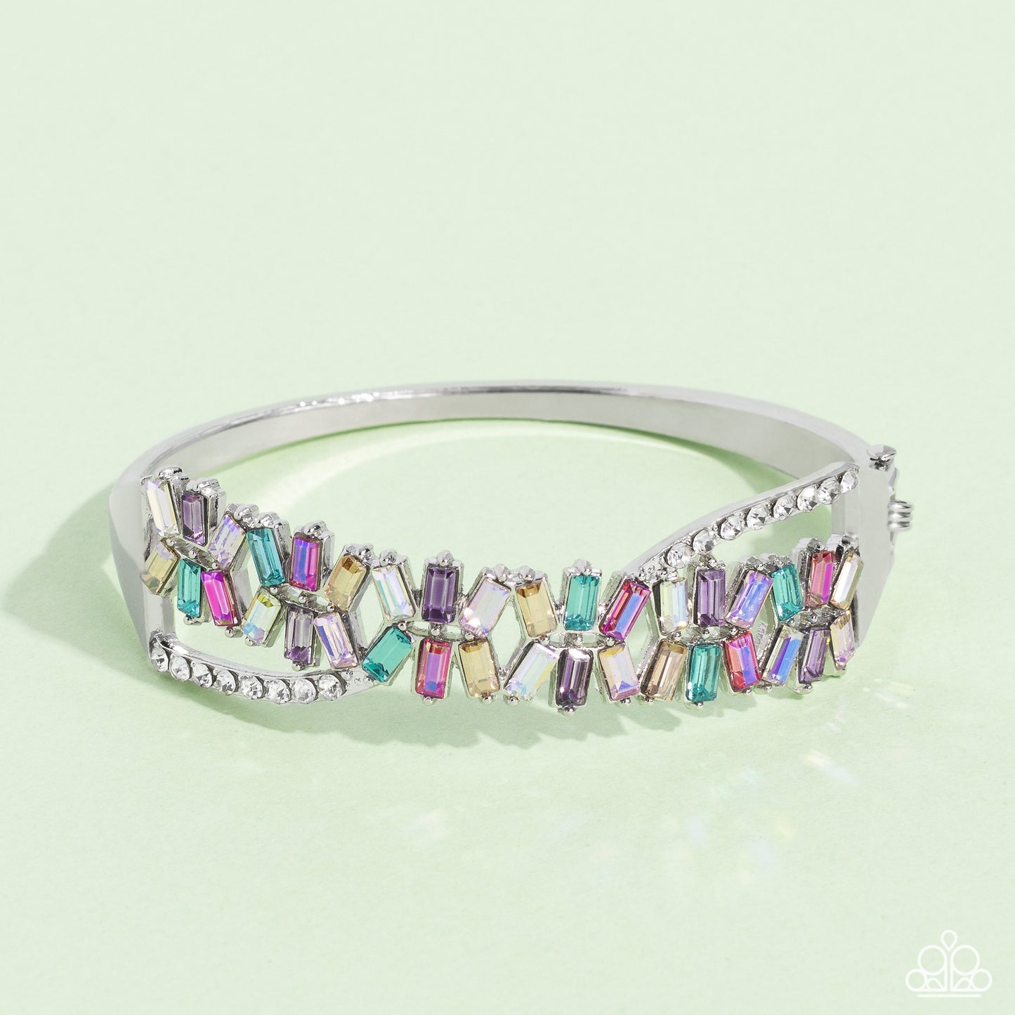 Paparazzi Accessories Timeless Trifecta - Multi Modeled after the infinity symbol curves, a row of dainty white rhinestones playfully interacts with emerald-cut gems splashed in shades of amethyst, light blue, pink, smoked topaz, and iridescence. Set in c