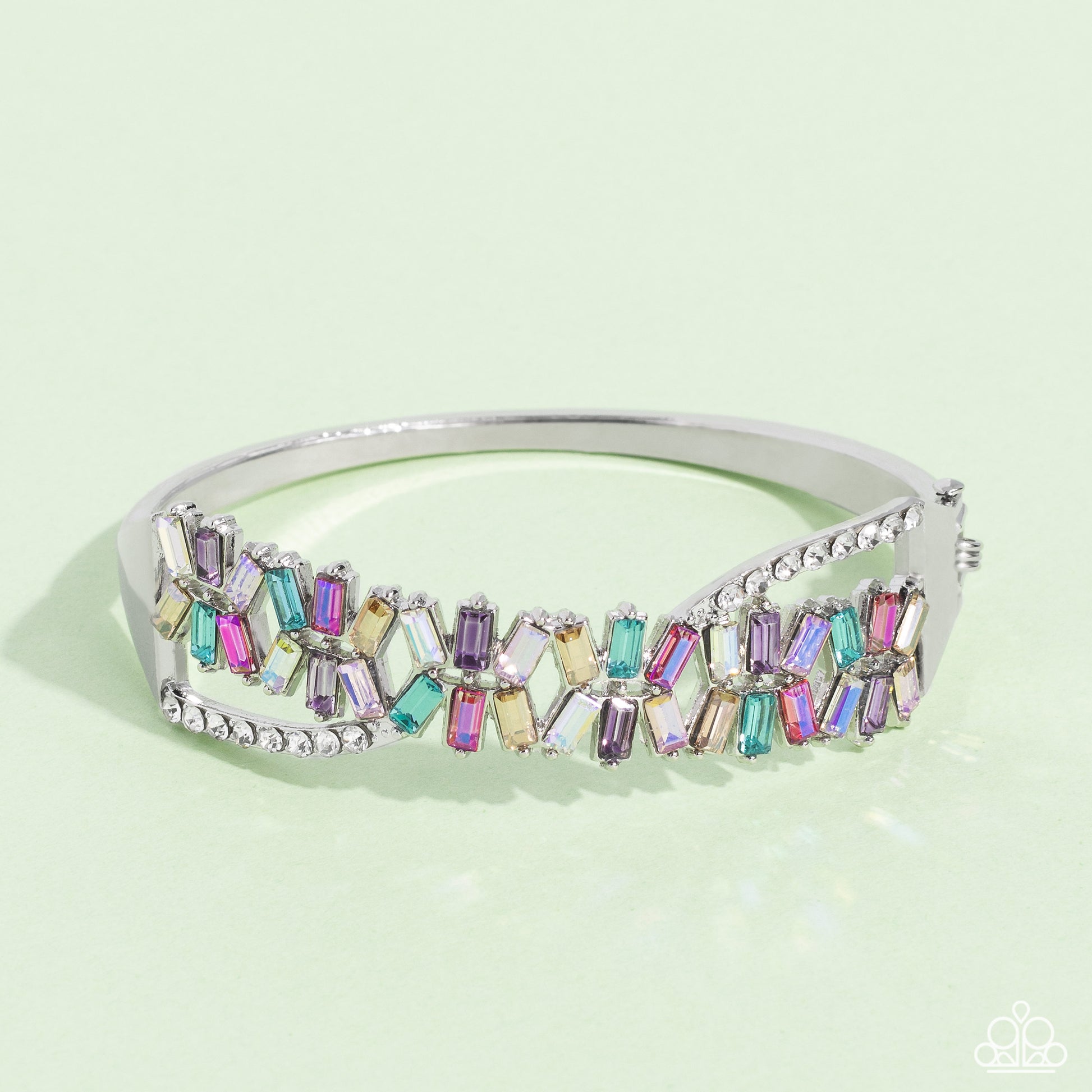 Paparazzi Accessories Timeless Trifecta - Multi Modeled after the infinity symbol curves, a row of dainty white rhinestones playfully interacts with emerald-cut gems splashed in shades of amethyst, light blue, pink, smoked topaz, and iridescence. Set in c
