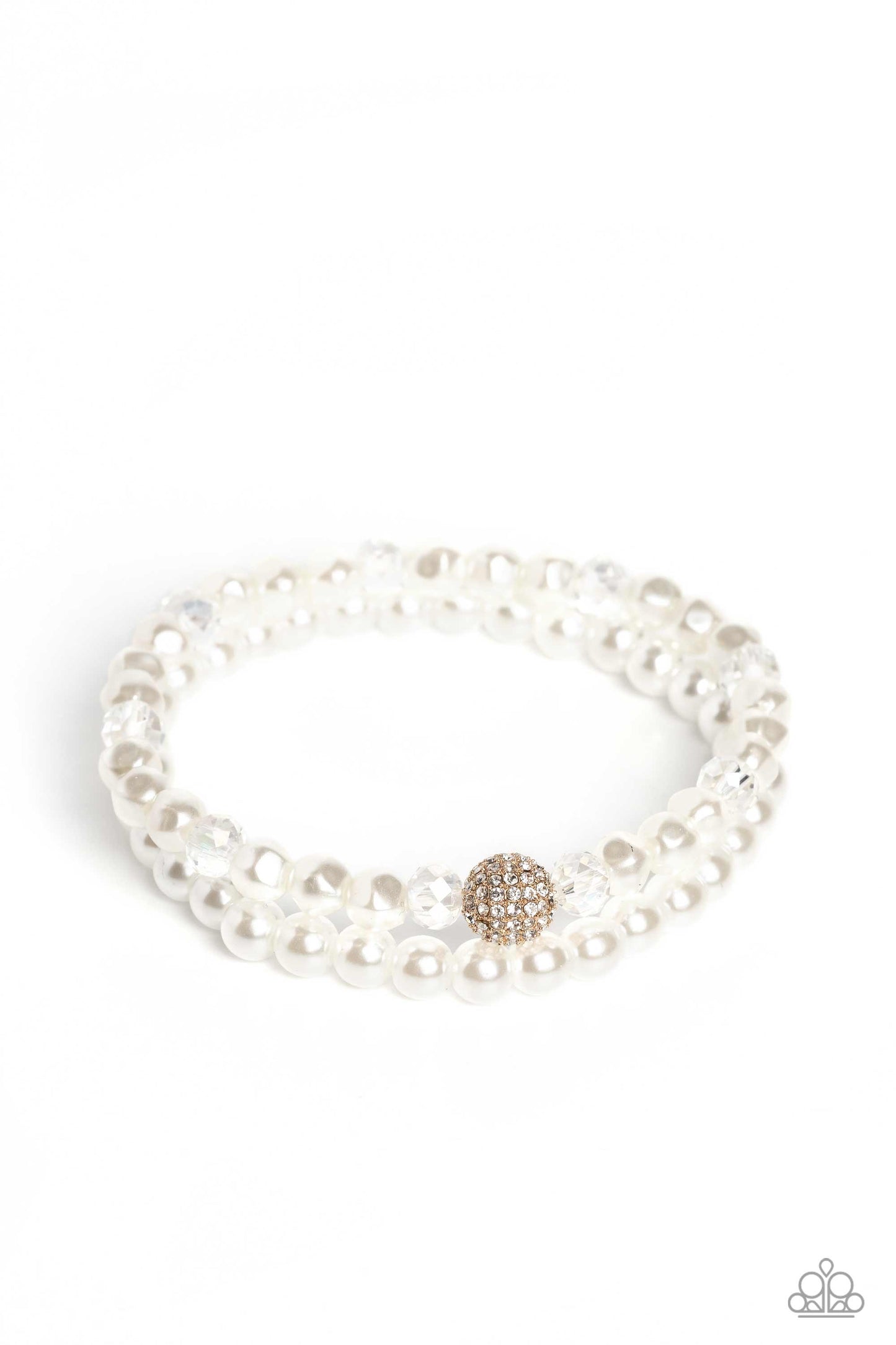 Paparazzi Accessories Countess Cutie - Gold A strand of classic white pearls and a strand of baroque white pearls coalesce around the wrist on stretchy bands for a refined finish. Infused along the baroque pearl strand, faceted crystal clear beads and a s