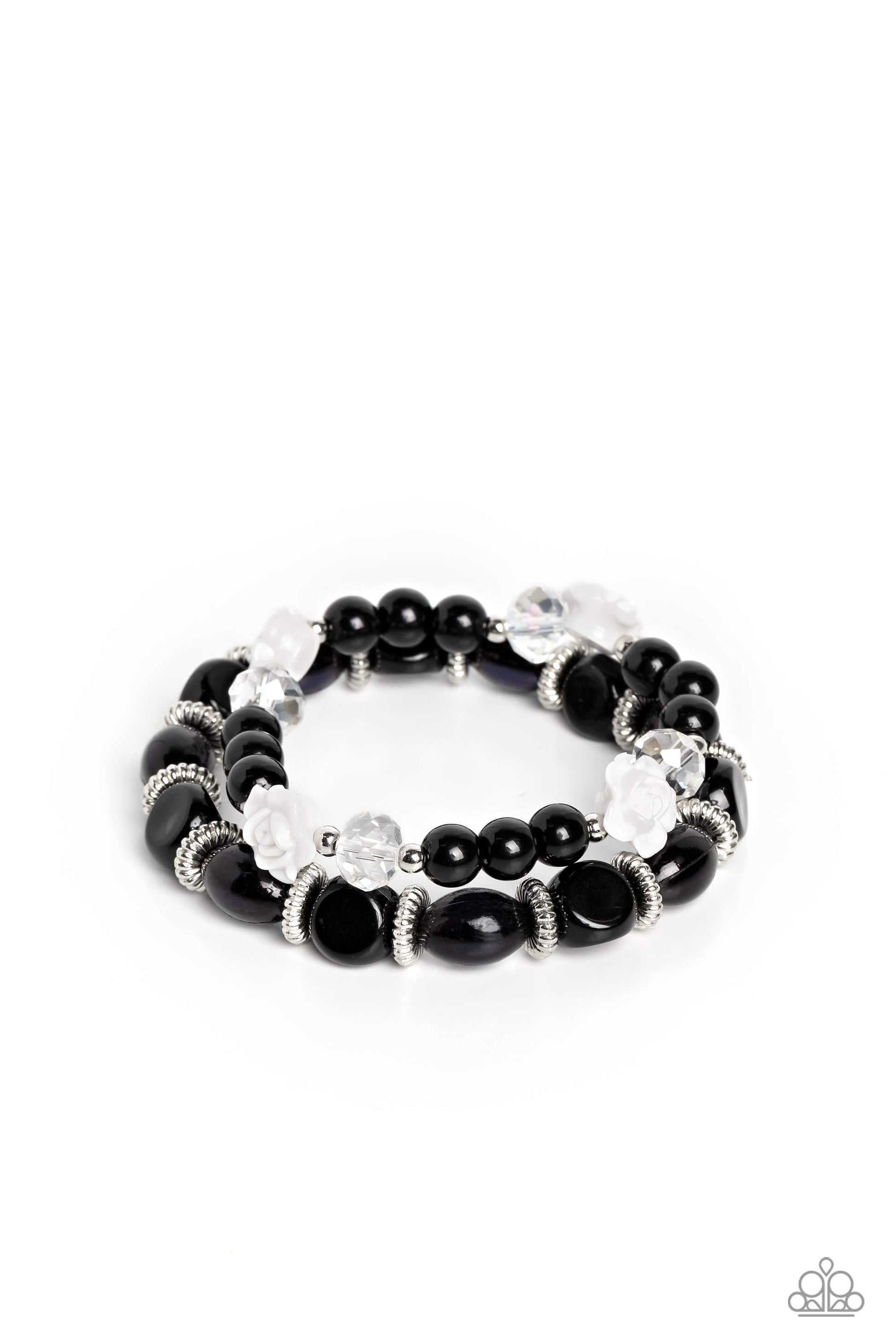 Paparazzi Accessories Who ROSE There? - Black Silver studded rings, varying shapes of black beads, silver accents, faceted clear beads, and white resin roses stretch across elastic stretchy bands around the wrist for a refined, floral display. Sold as one