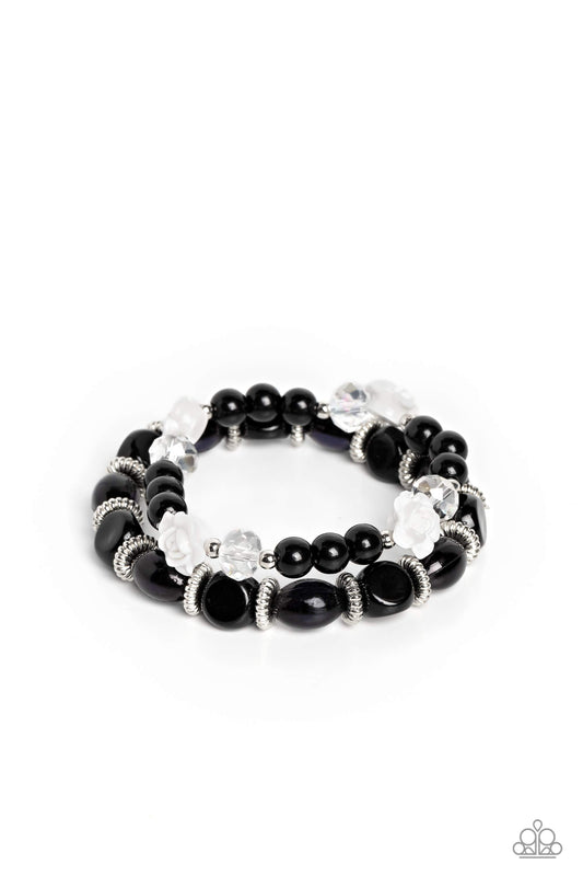 Paparazzi Accessories Who ROSE There? - Black Silver studded rings, varying shapes of black beads, silver accents, faceted clear beads, and white resin roses stretch across elastic stretchy bands around the wrist for a refined, floral display. Sold as one