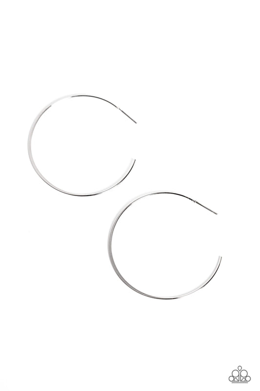 Paparazzi Accessories Seize the Sheen - Silver Featuring a high-sheen, a thin smooth silver bar curves into an oversized hoop resulting in a basic staple piece. Earring attaches to a standard post fitting. Hoop measures approximately 2" in diameter. Sold