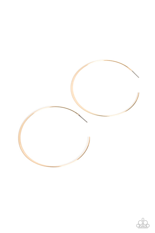 Paparazzi Accessories Metal Drama - Gold Featuring a high-sheen, a slightly flared, thin smooth gold bar curves into an oversized hoop resulting in a basic staple piece. Earring attaches to a standard post fitting. Hoop measures approximately 2 1/2" in di