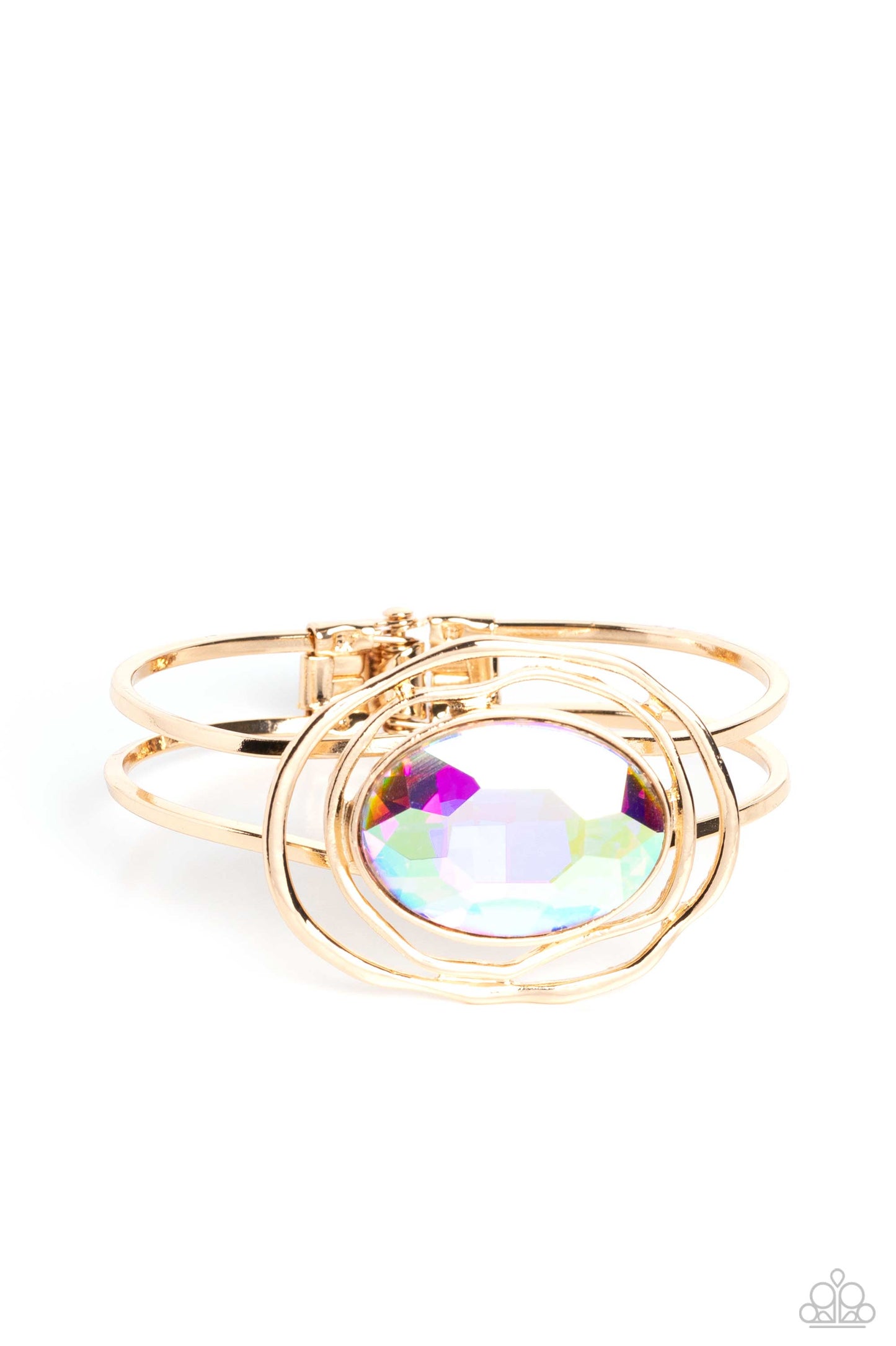Paparazzi Accessories Substantial Sorceress - Multi Featured in the center of airy, shiny gold bands, an oversized, faceted iridescent oval gem rests atop the wrist for a dazzling pop of color. Warped, shiny gold rings seemingly float around the sparkly g