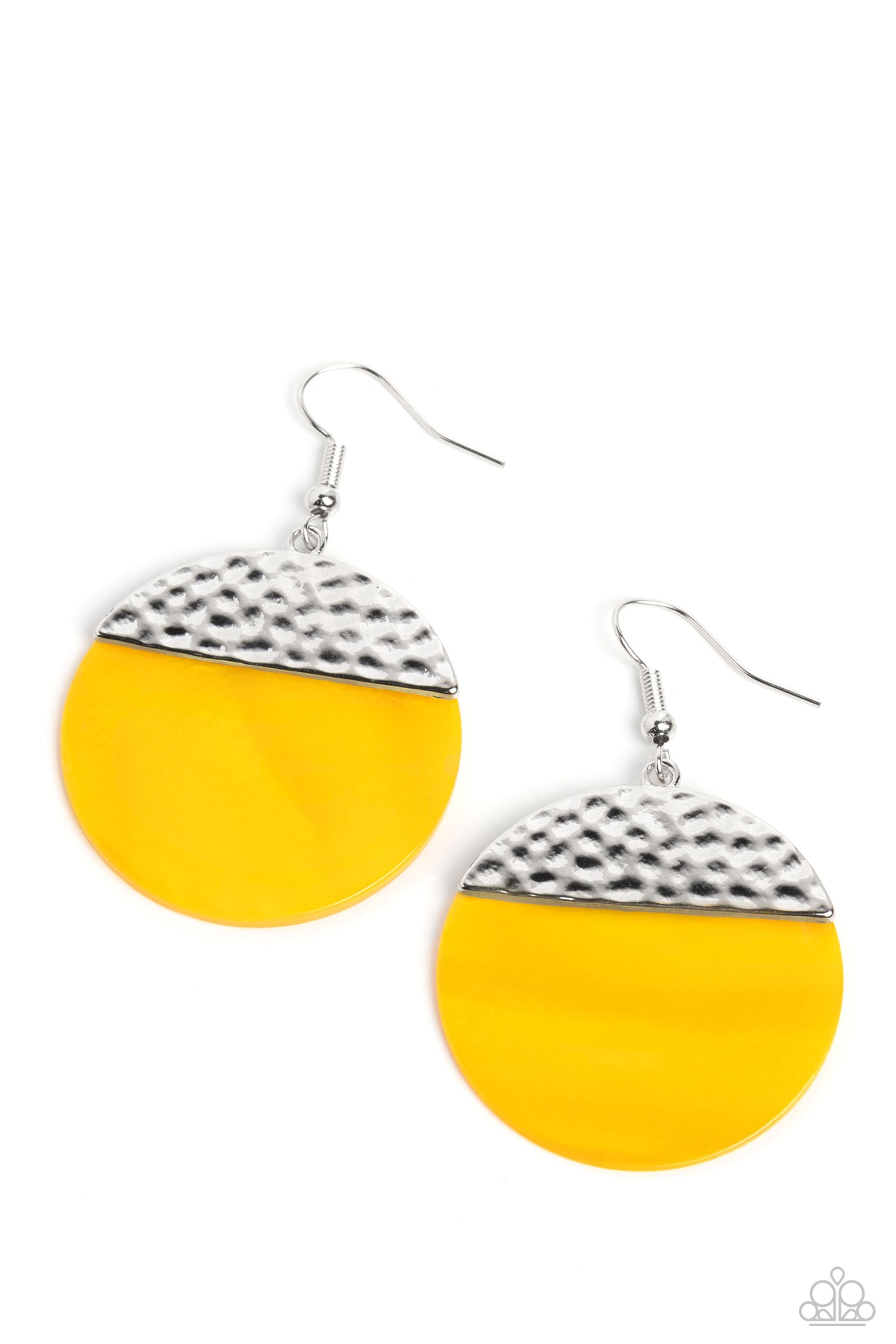 Paparazzi Accessories SHELL Out - Yellow Flat, oversized, yellow shell discs swing from the ear for a deceptively simple, beach-inspired statement. Prominently featured at the top of the shell setting, a hammered, half-moon of silver rests for an industri